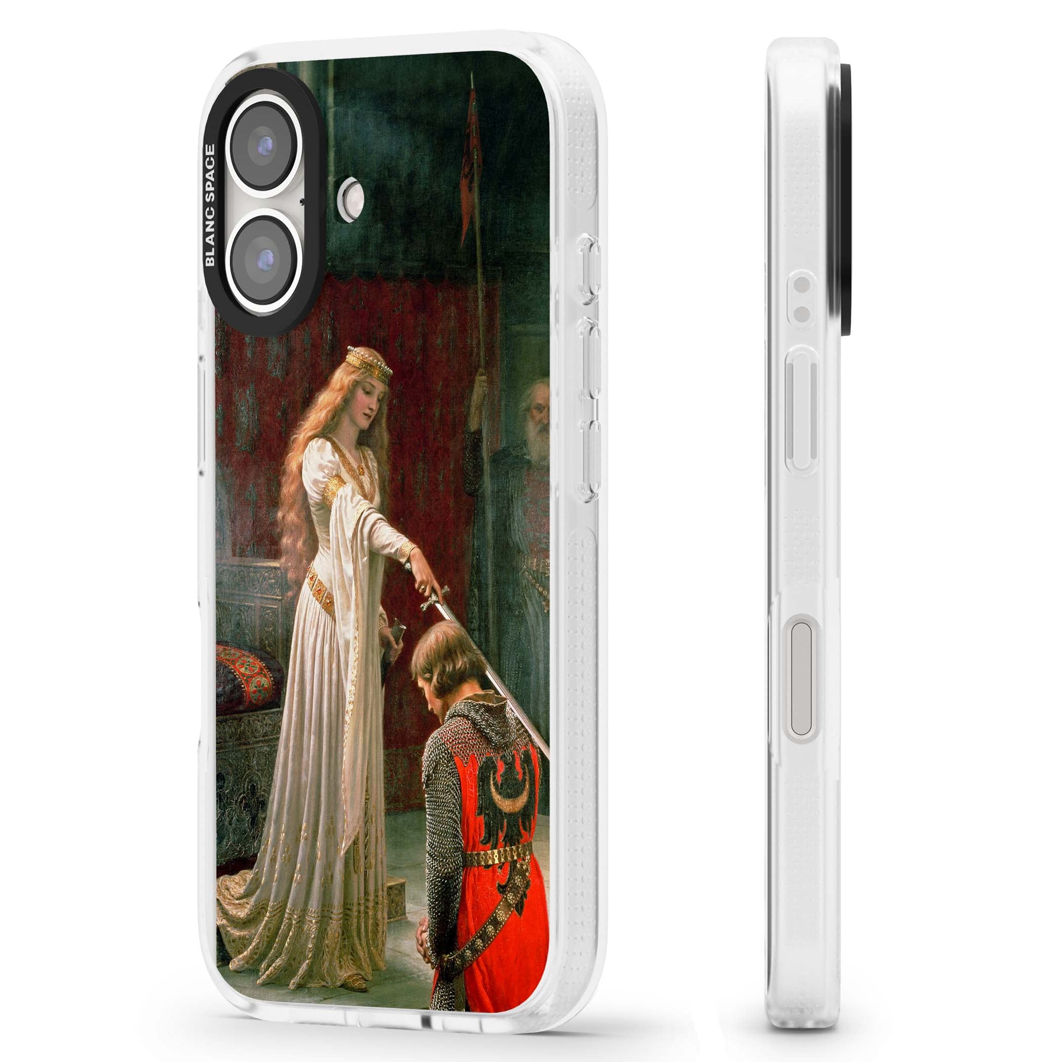 The Accolade renaissance art iPhone case featuring Edmund Blair Leighton's painting of a queen knighting a kneeling knight | Clear Case Impact Air case for iPhone 16, iPhone 16 Plus