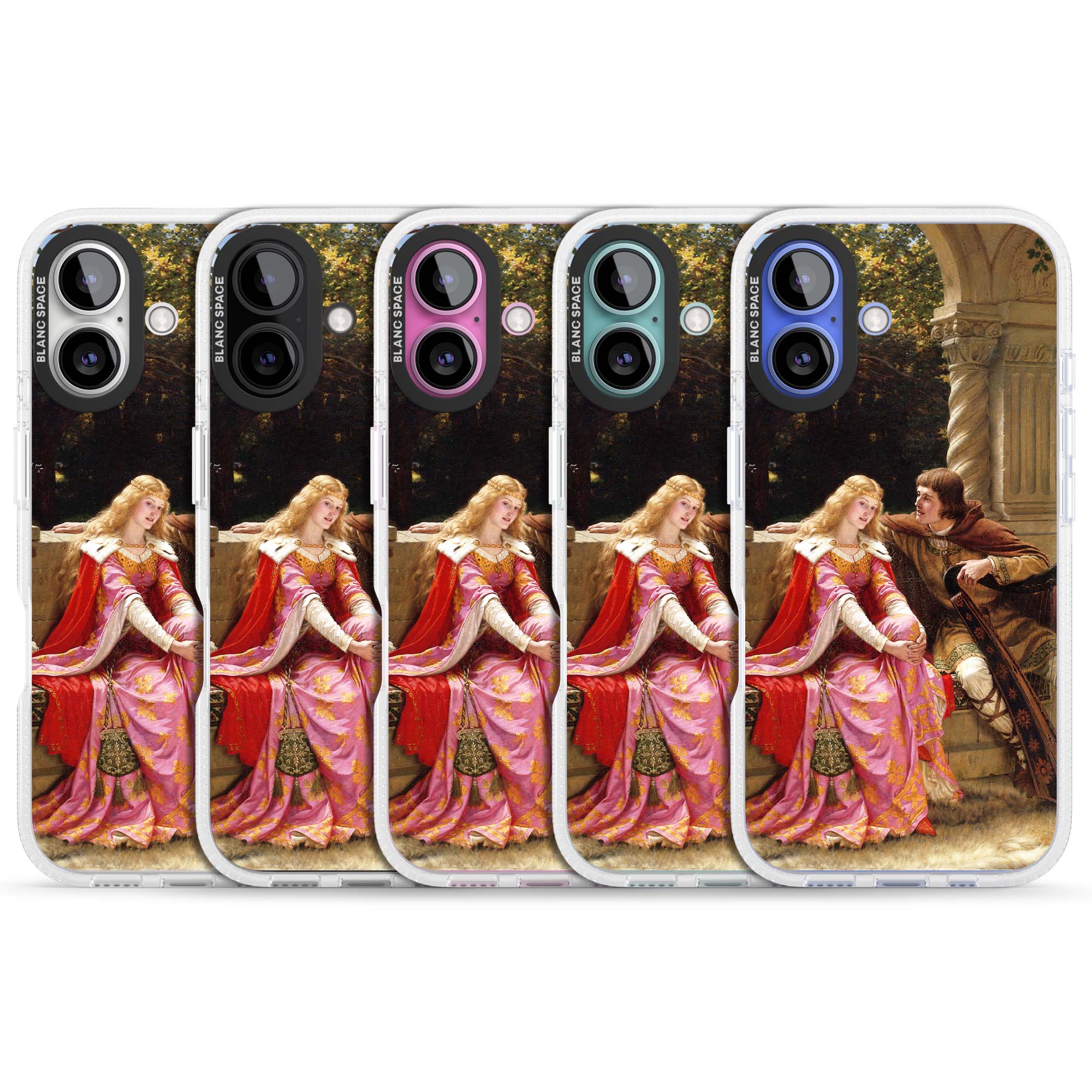 The End of the Song classic art iPhone case featuring a medieval lady in pink gown and her knight in a stone archway | Clear Case Impact Air case for iPhone 16, iPhone 16 Plus