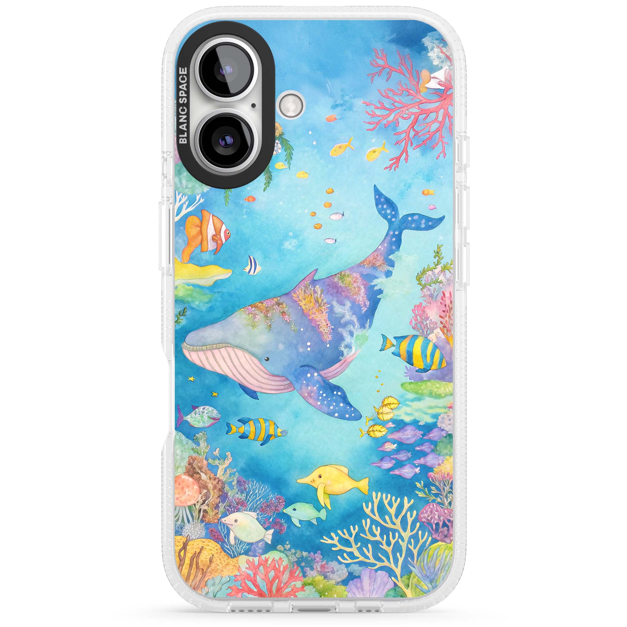 Coral Lagoon ocean iPhone case featuring a watercolour whale, coral reef and tropical fish | Clear Case Impact Air case for iPhone 16, iPhone 16 Plus