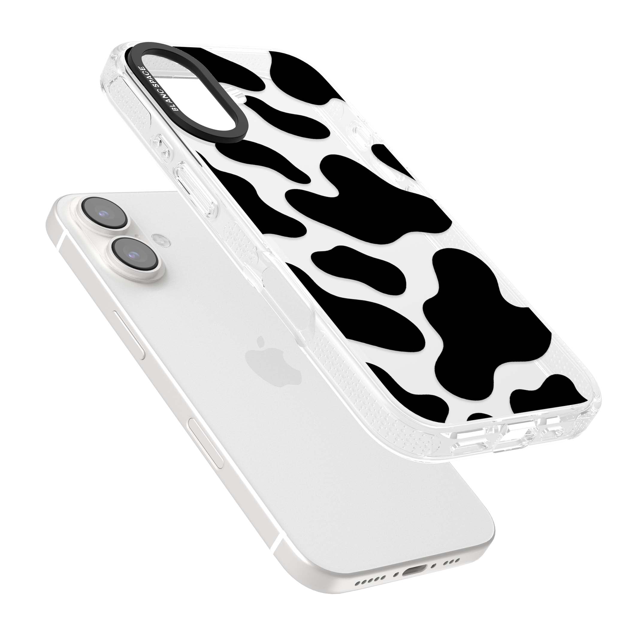 Clear Cow Print cow print iPhone case featuring black and white cow pattern splotches on a clear background | Clear Case Impact Air case for iPhone 16, iPhone 16 Plus