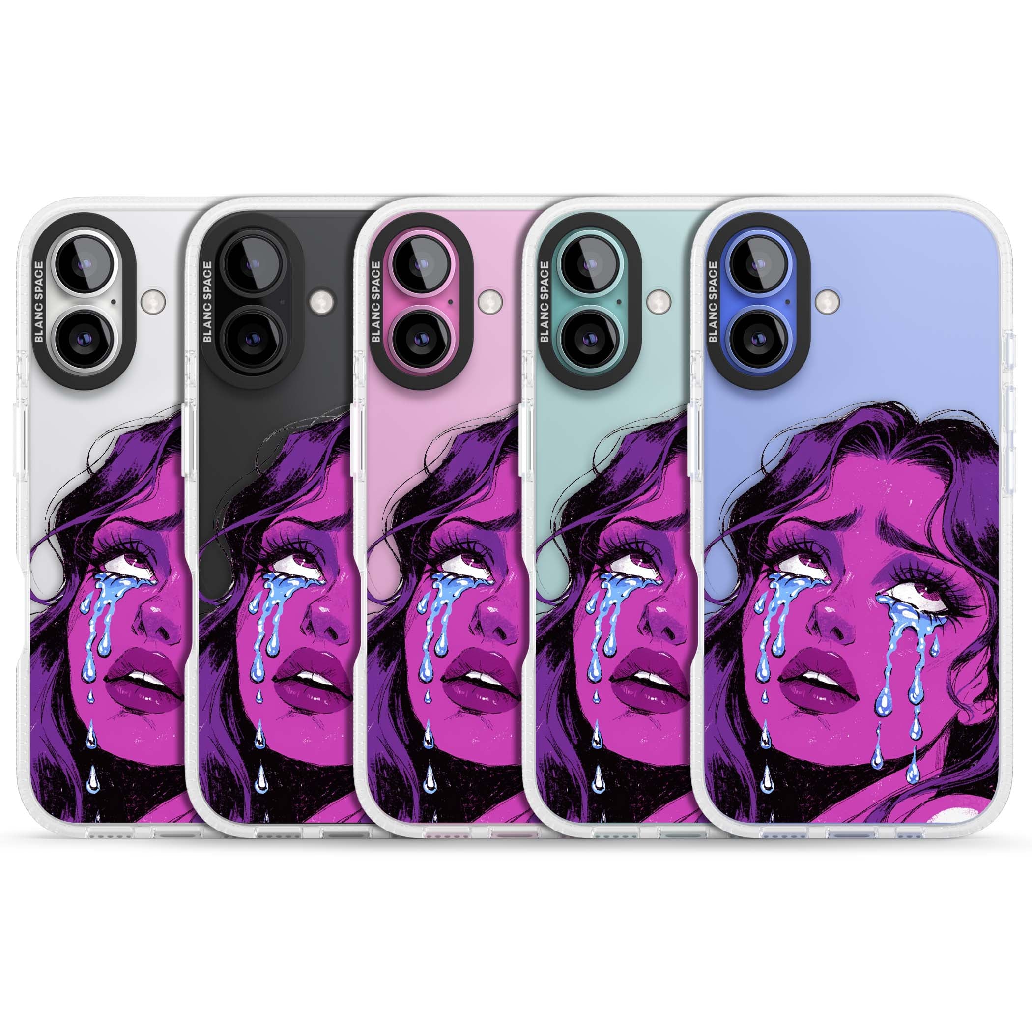 Drama Queen pop art iPhone case featuring a purple crying comic girl with blue tears | Clear Case Impact Air case for iPhone 16, iPhone 16 Plus