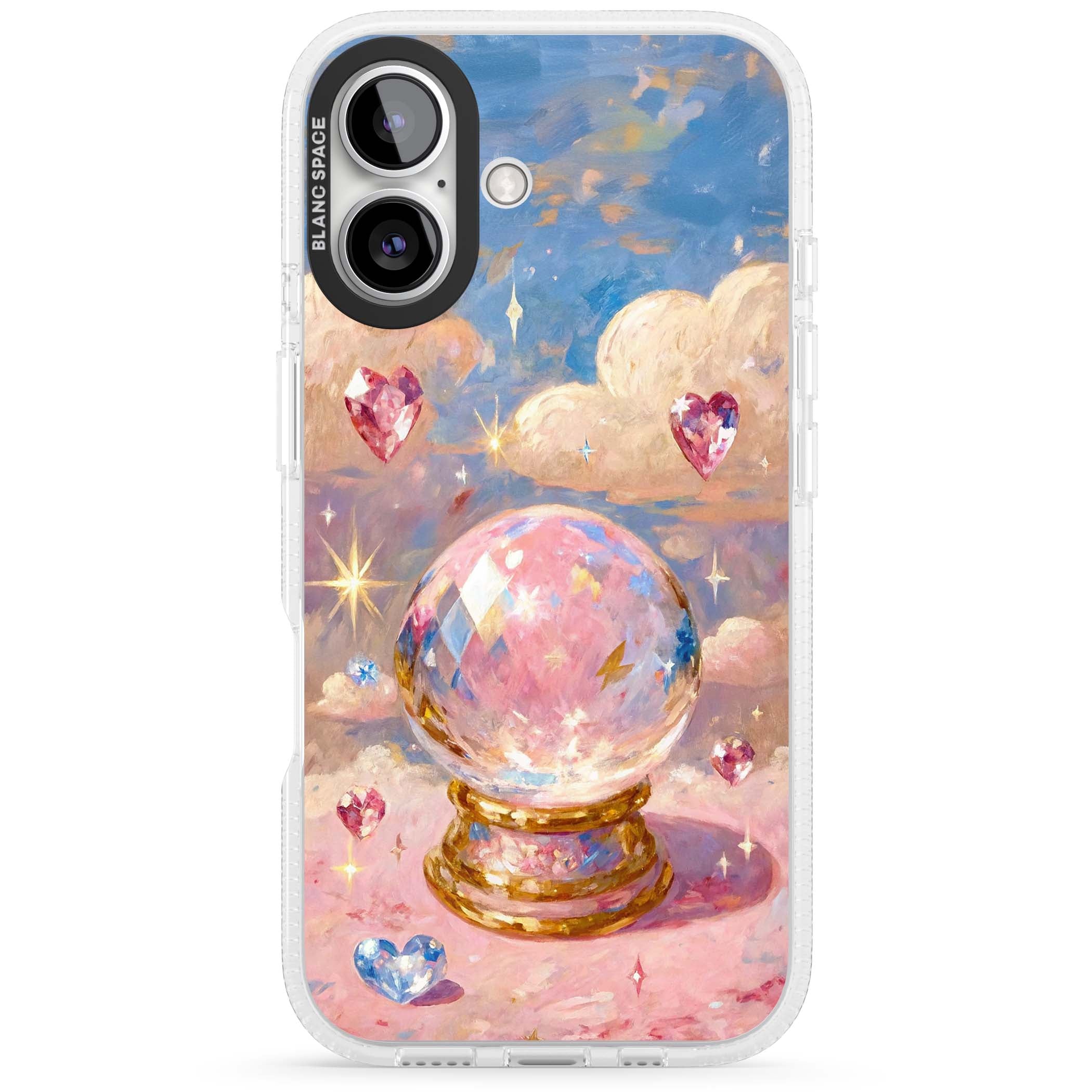 Crystal Ball fairycore iPhone case featuring a painted crystal ball, heart gemstones, and pastel clouds | Clear Case Impact Air case for iPhone 16, iPhone 16 Plus