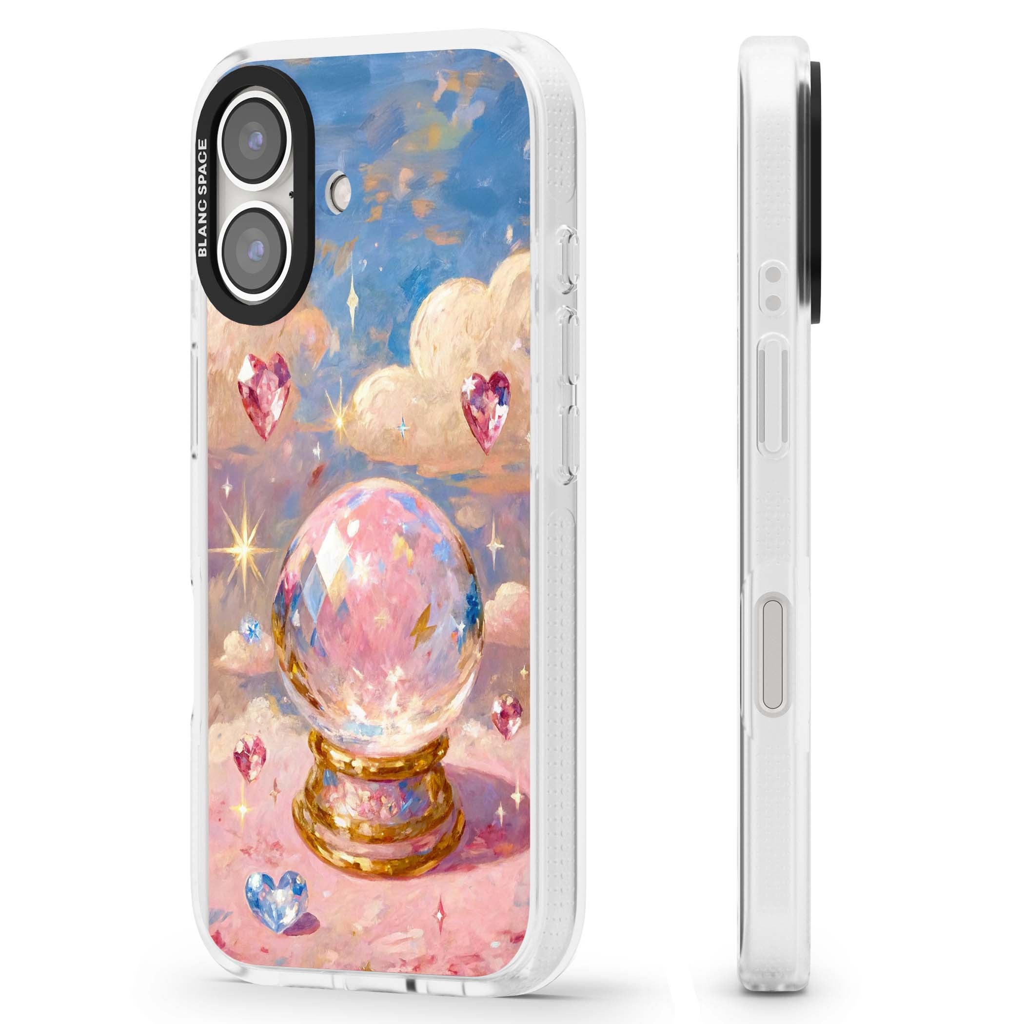 Crystal Ball fairycore iPhone case featuring a painted crystal ball, heart gemstones, and pastel clouds | Clear Case Impact Air case for iPhone 16, iPhone 16 Plus