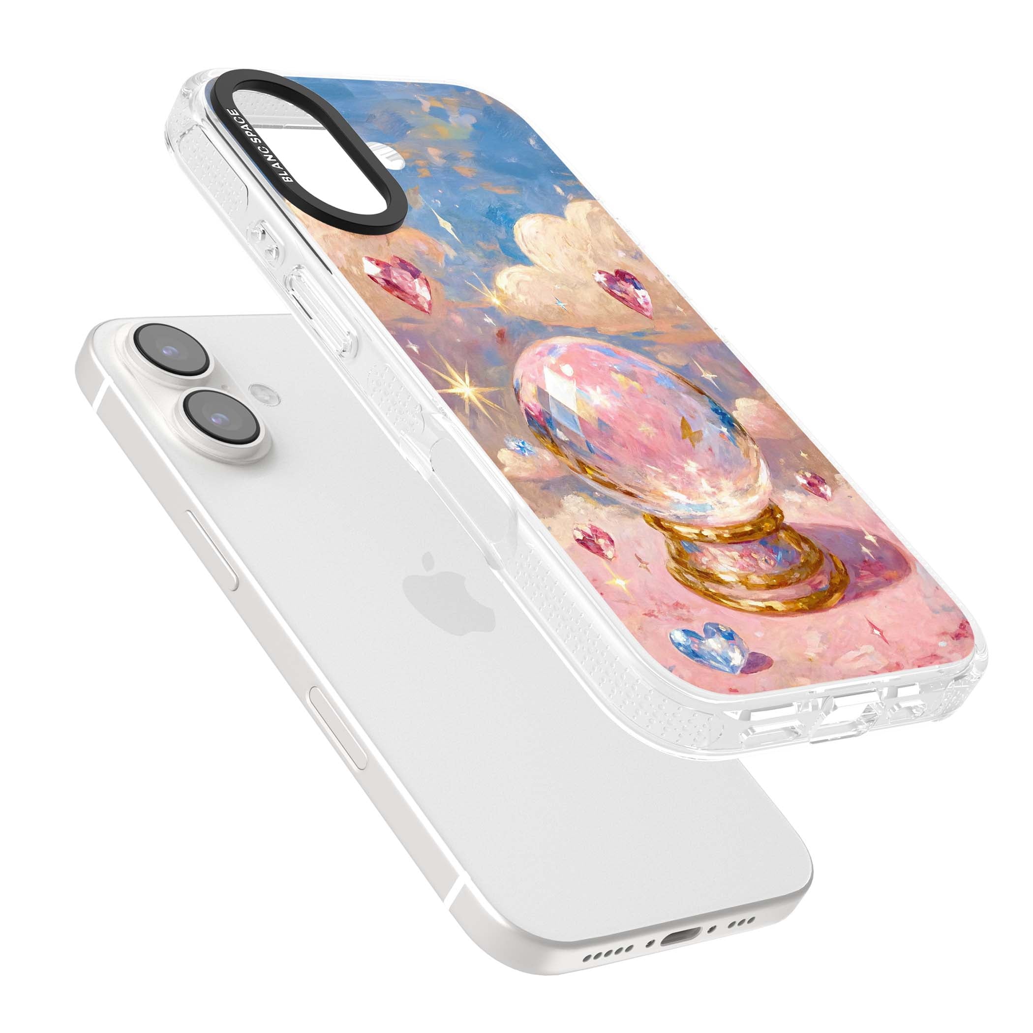Crystal Ball fairycore iPhone case featuring a painted crystal ball, heart gemstones, and pastel clouds | Clear Case Impact Air case for iPhone 16, iPhone 16 Plus