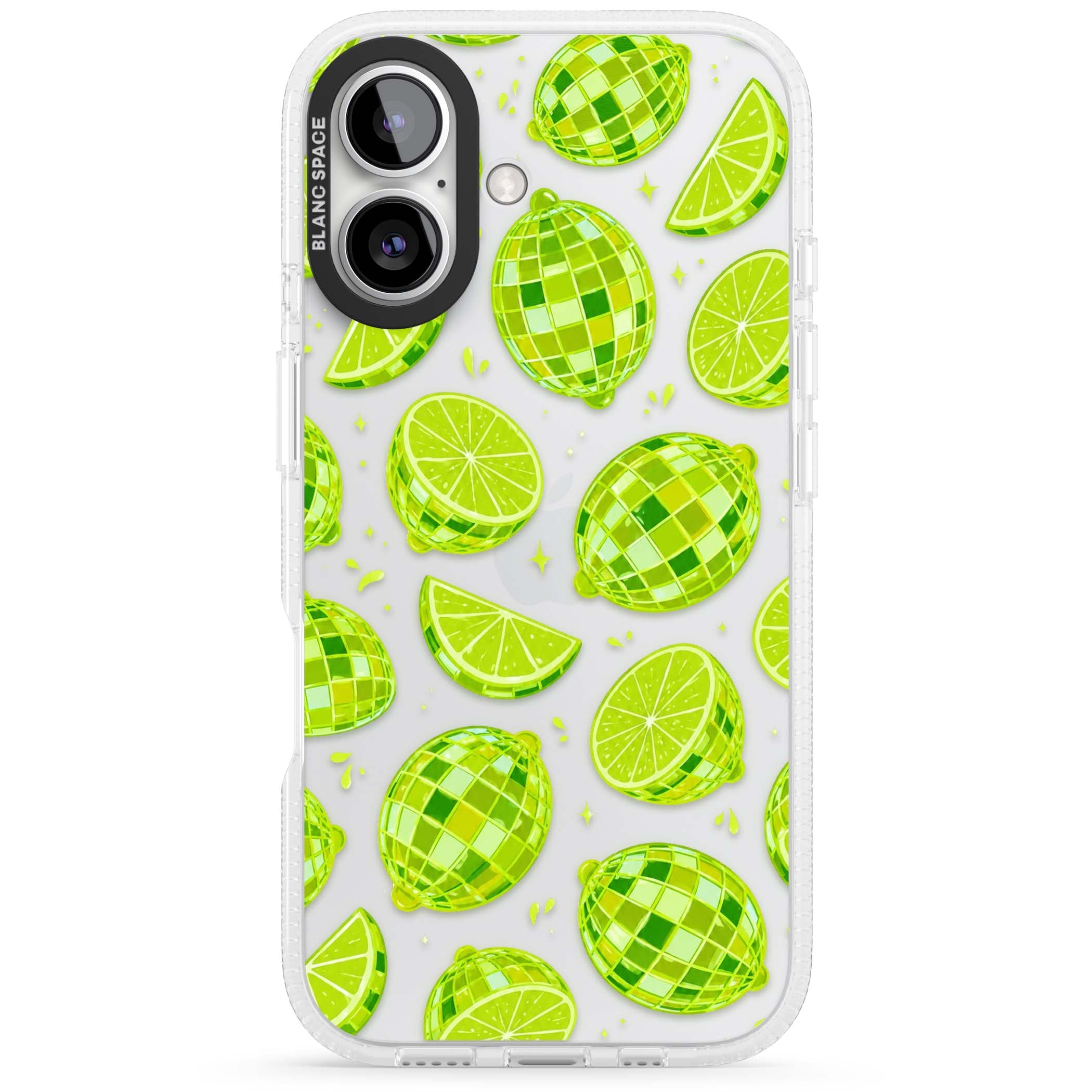 Disco Limes fruit aesthetic iPhone case featuring green disco balls, lime slices and citrus sparkles | Clear Case Impact Air case for iPhone 16, iPhone 16 Plus