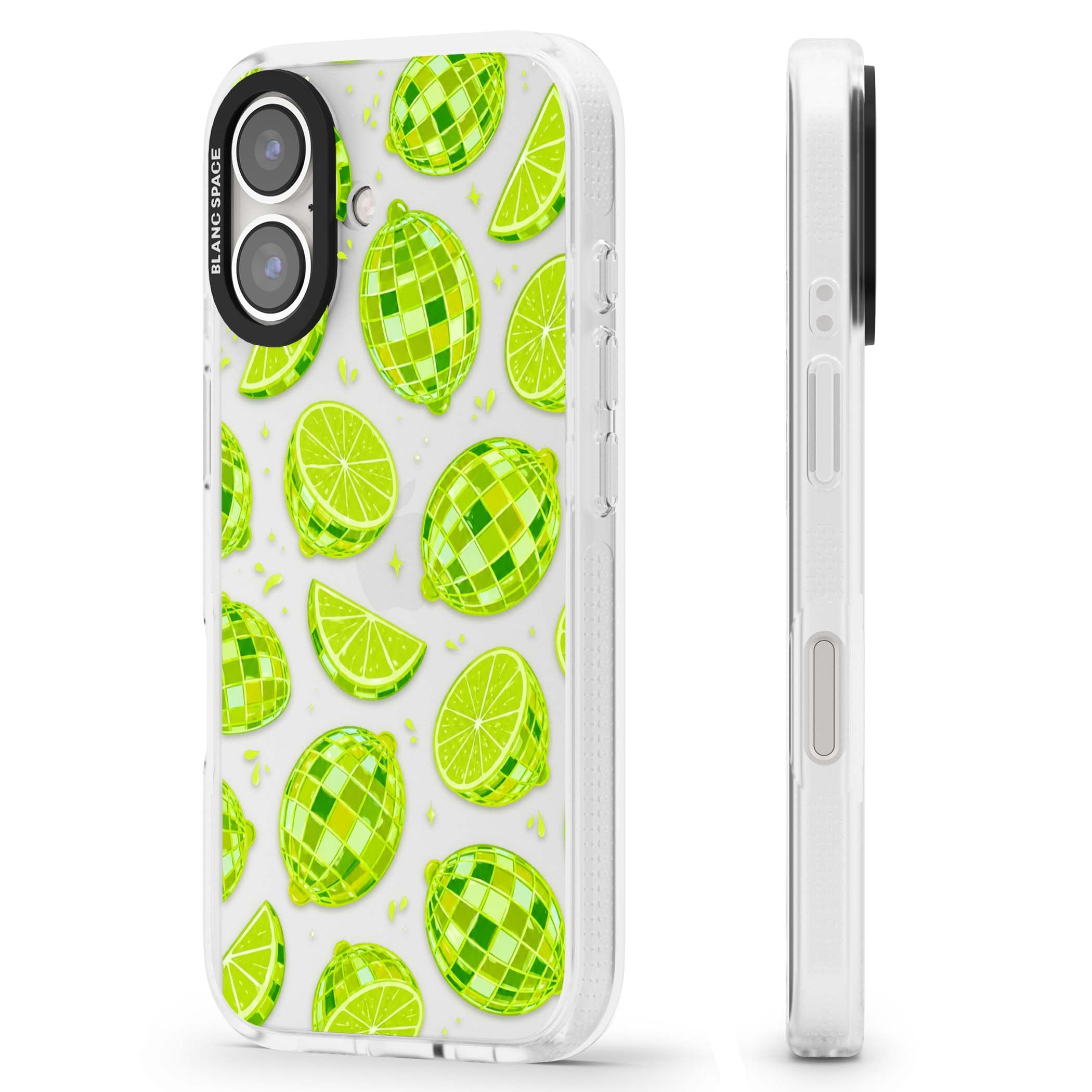 Disco Limes fruit aesthetic iPhone case featuring green disco balls, lime slices and citrus sparkles | Clear Case Impact Air case for iPhone 16, iPhone 16 Plus