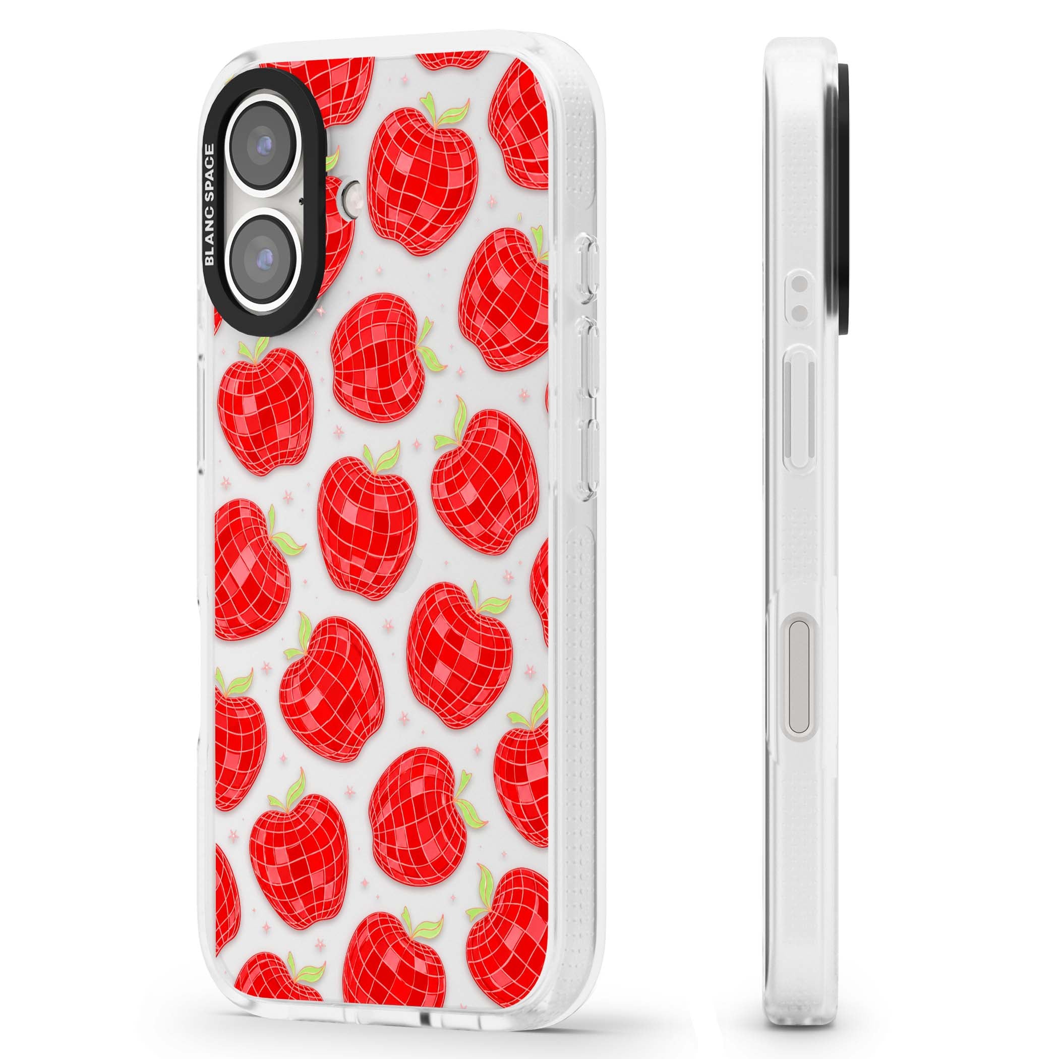 Disco Apples Y2K iPhone case featuring red disco ball apples, green leaves and pink sparkles on clear | Clear Case Impact Air case for iPhone 16, iPhone 16 Plus