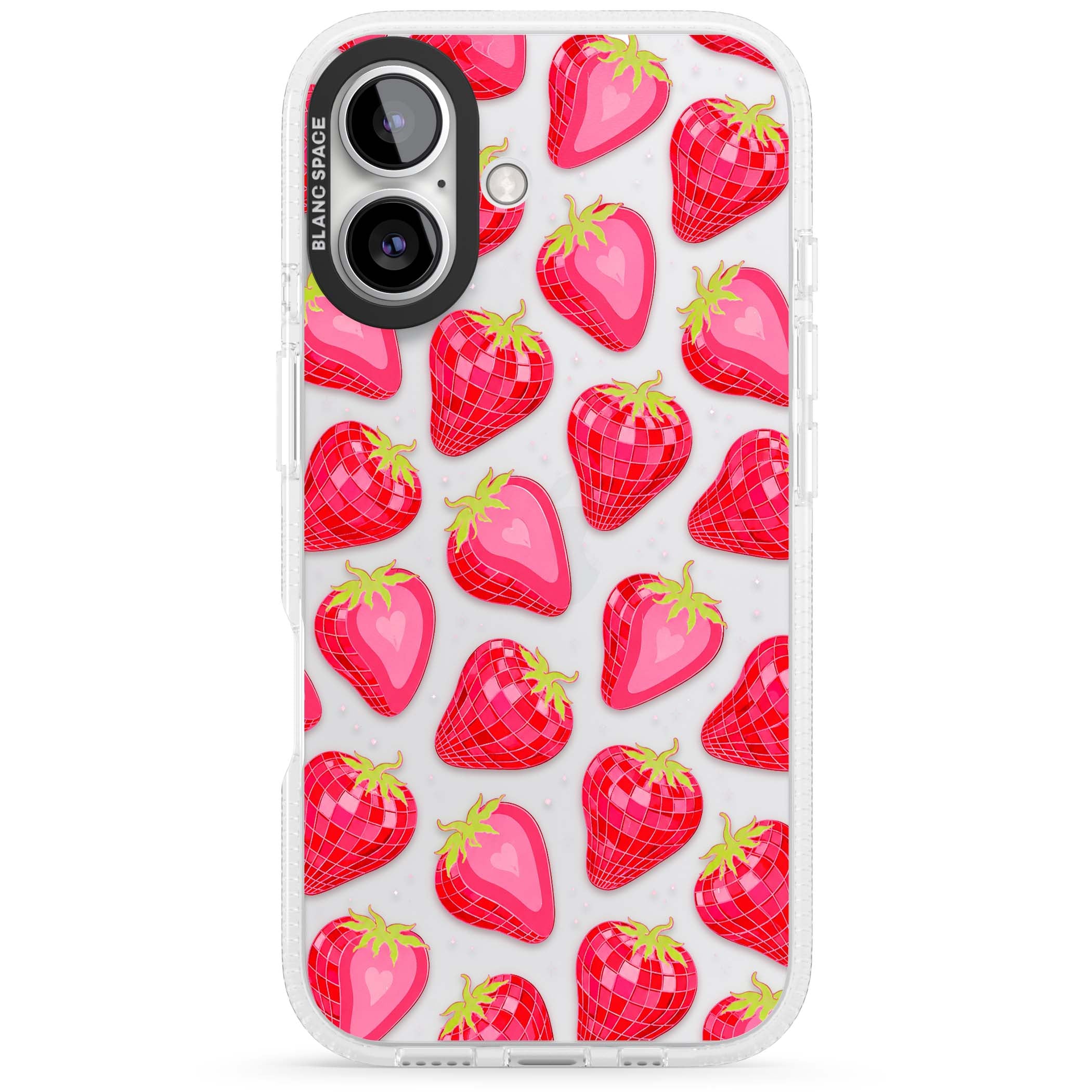 Disco Strawberry Y2K iPhone case featuring pink disco-ball strawberries, green leaves and tiny sparkles | Clear Case Impact Air case for iPhone 16, iPhone 16 Plus
