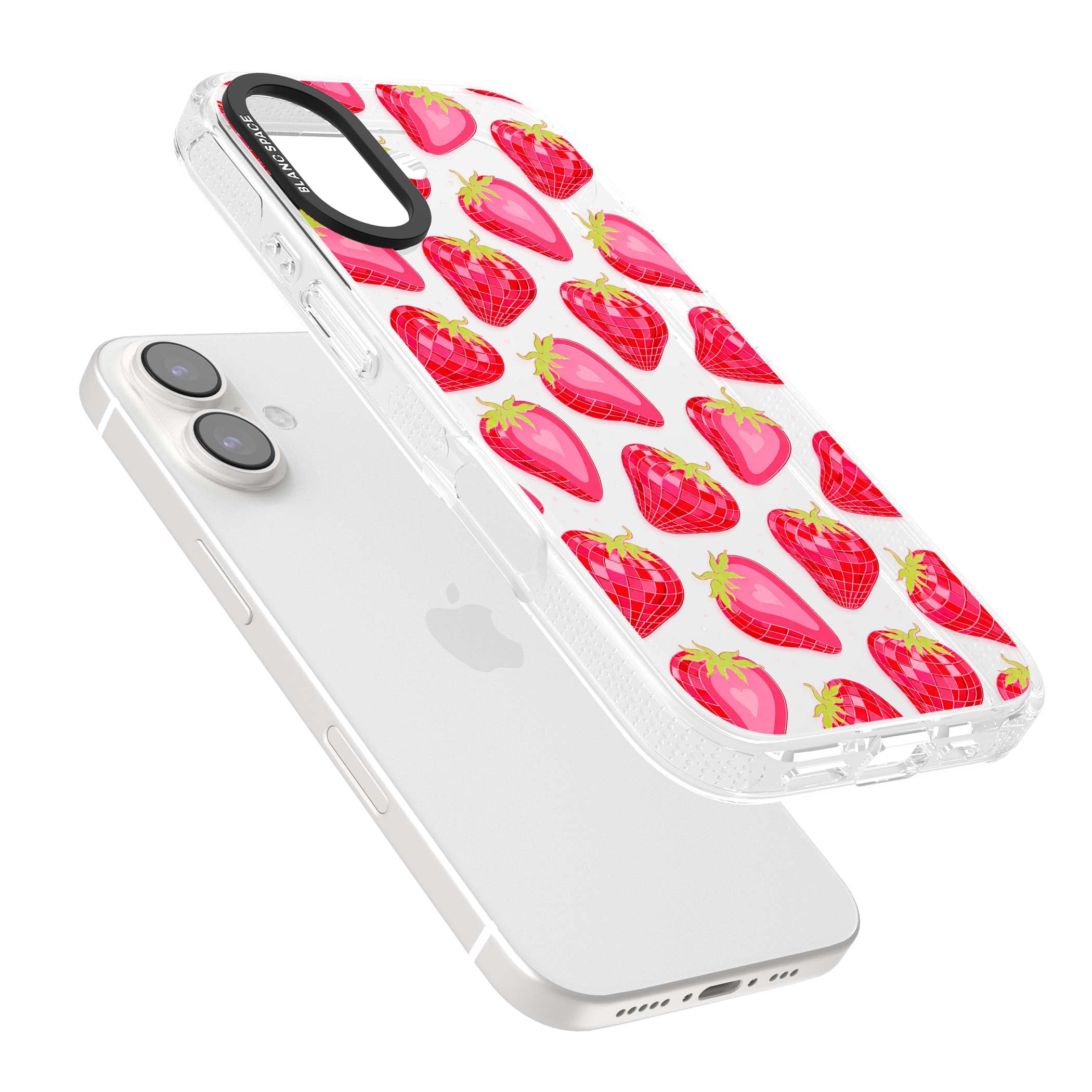 Disco Strawberry Y2K iPhone case featuring pink disco-ball strawberries, green leaves and tiny sparkles | Clear Case Impact Air case for iPhone 16, iPhone 16 Plus