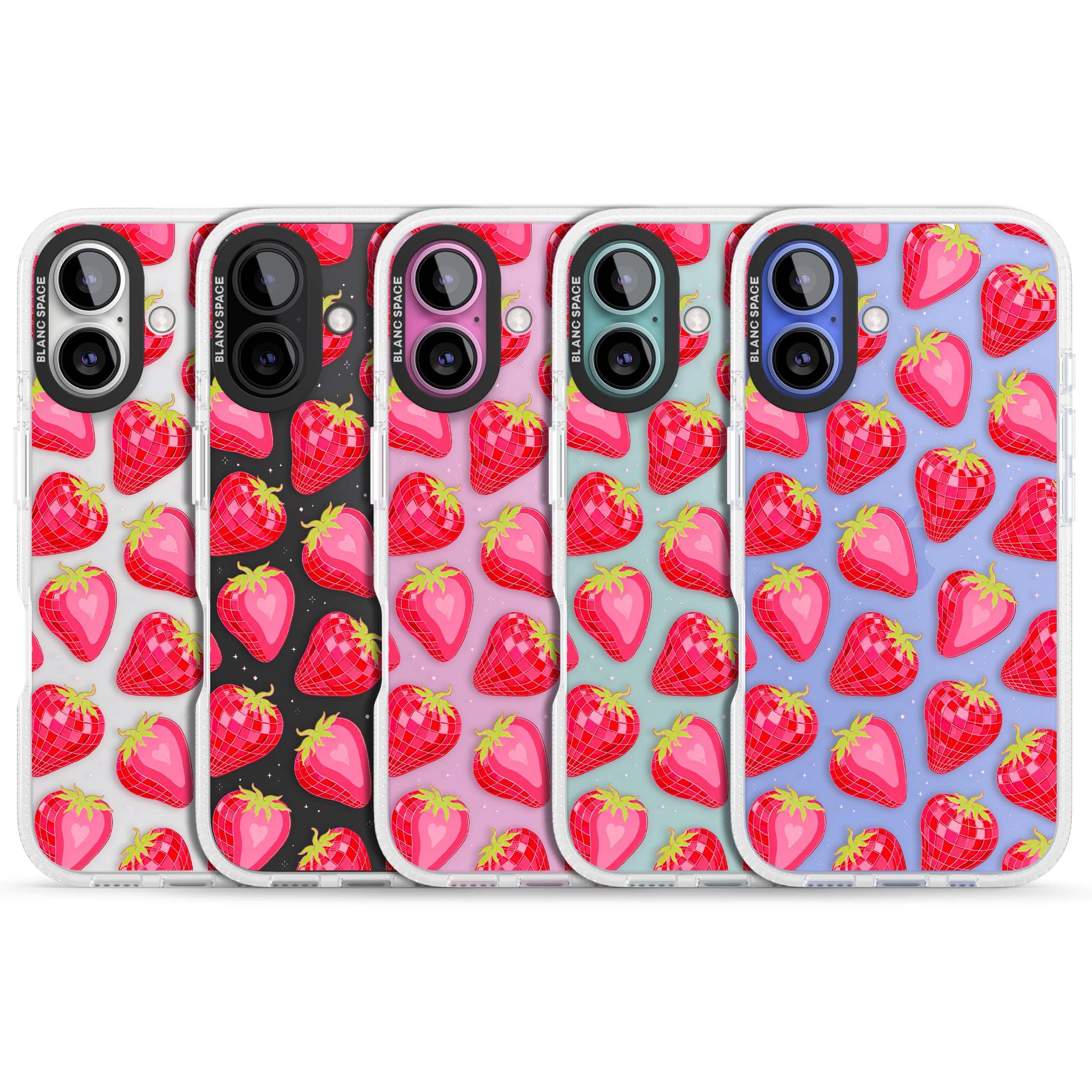 Disco Strawberry Y2K iPhone case featuring pink disco-ball strawberries, green leaves and tiny sparkles | Clear Case Impact Air case for iPhone 16, iPhone 16 Plus