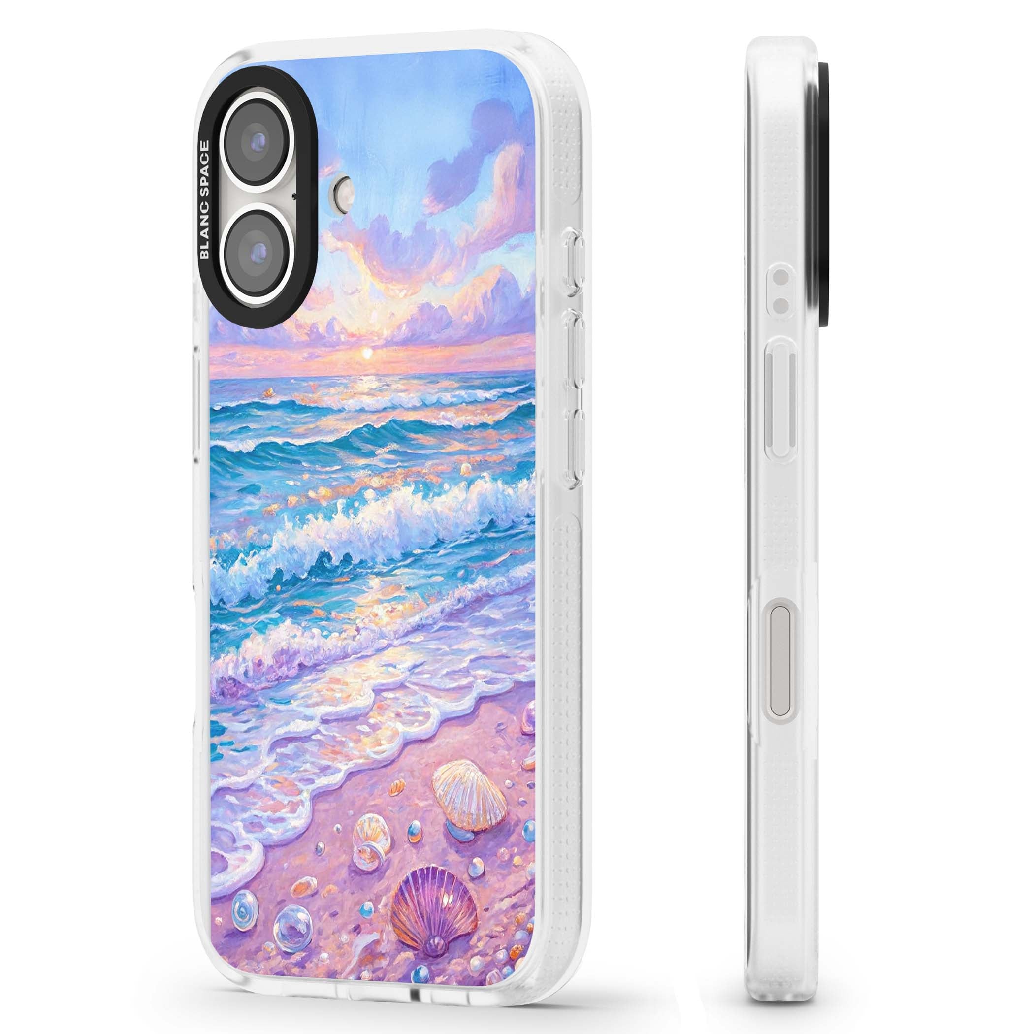 Pearl Shore coastal iPhone case featuring pastel painted waves, seashells, and a sunrise sky over a lavender beach. | Clear Case Impact Air case for iPhone 16, iPhone 16 Plus