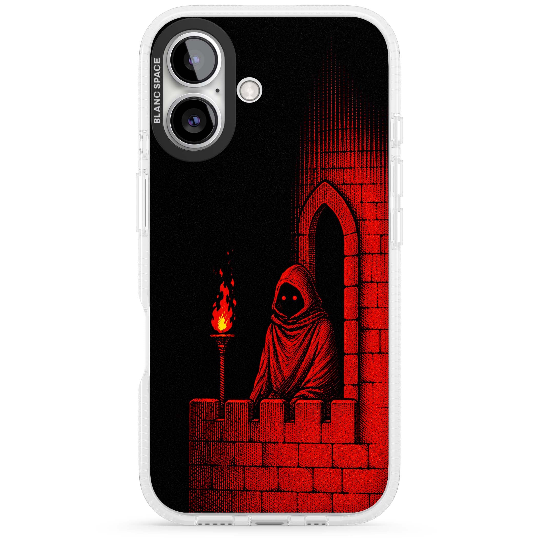 Crimson Crypt gothic iPhone case featuring a hooded reaper, torchlit crypt archway and red halftone horror art | Clear Case Impact Air case for iPhone 16, iPhone 16 Plus