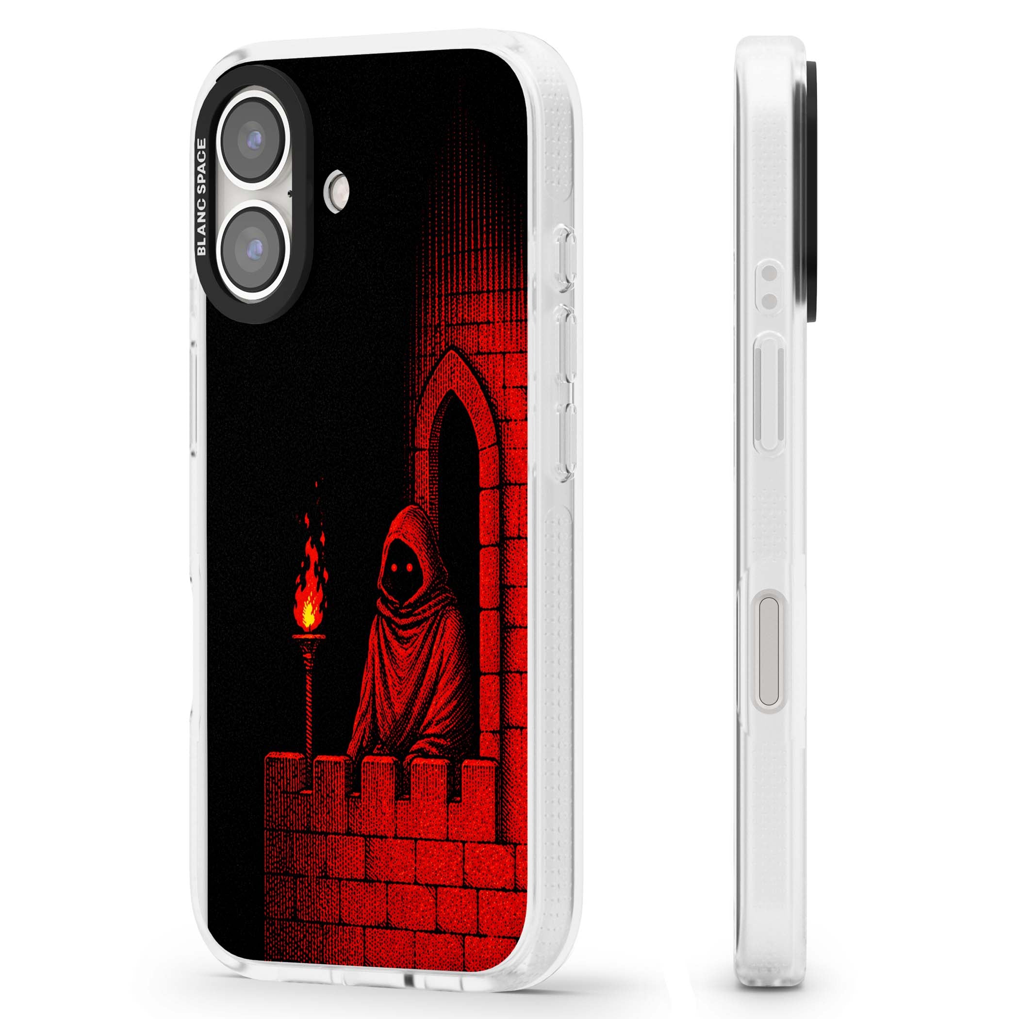 Crimson Crypt gothic iPhone case featuring a hooded reaper, torchlit crypt archway and red halftone horror art | Clear Case Impact Air case for iPhone 16, iPhone 16 Plus