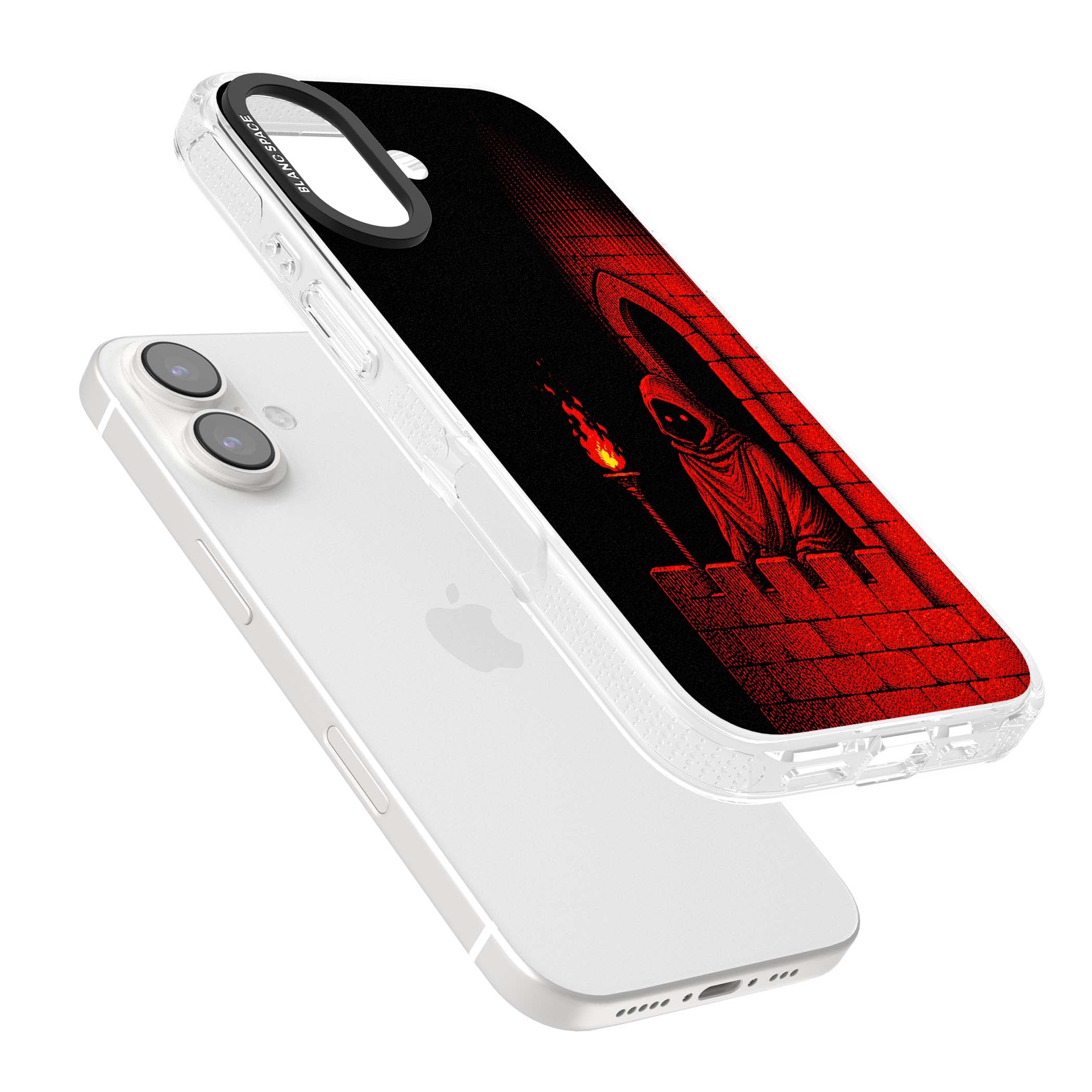 Crimson Crypt gothic iPhone case featuring a hooded reaper, torchlit crypt archway and red halftone horror art | Clear Case Impact Air case for iPhone 16, iPhone 16 Plus