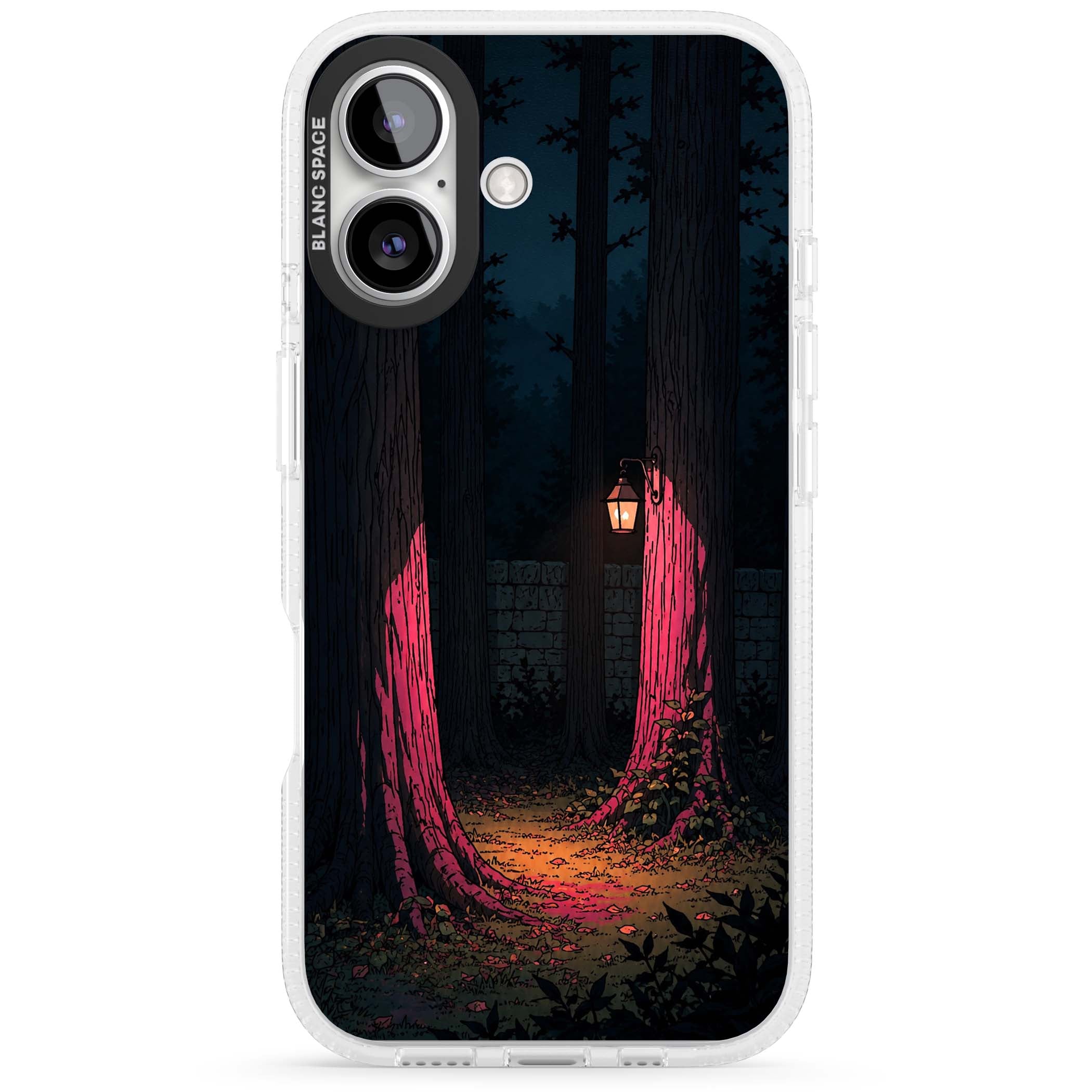Forest Lantern dark academia iPhone case featuring a moonlit forest, glowing lantern, and stone wall pathway | Clear Case Impact Air case for iPhone 16, iPhone 16 Plus