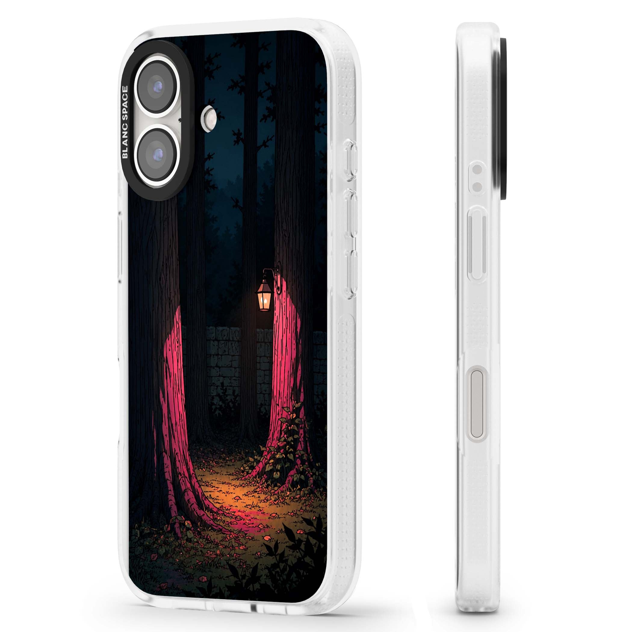 Forest Lantern dark academia iPhone case featuring a moonlit forest, glowing lantern, and stone wall pathway | Clear Case Impact Air case for iPhone 16, iPhone 16 Plus