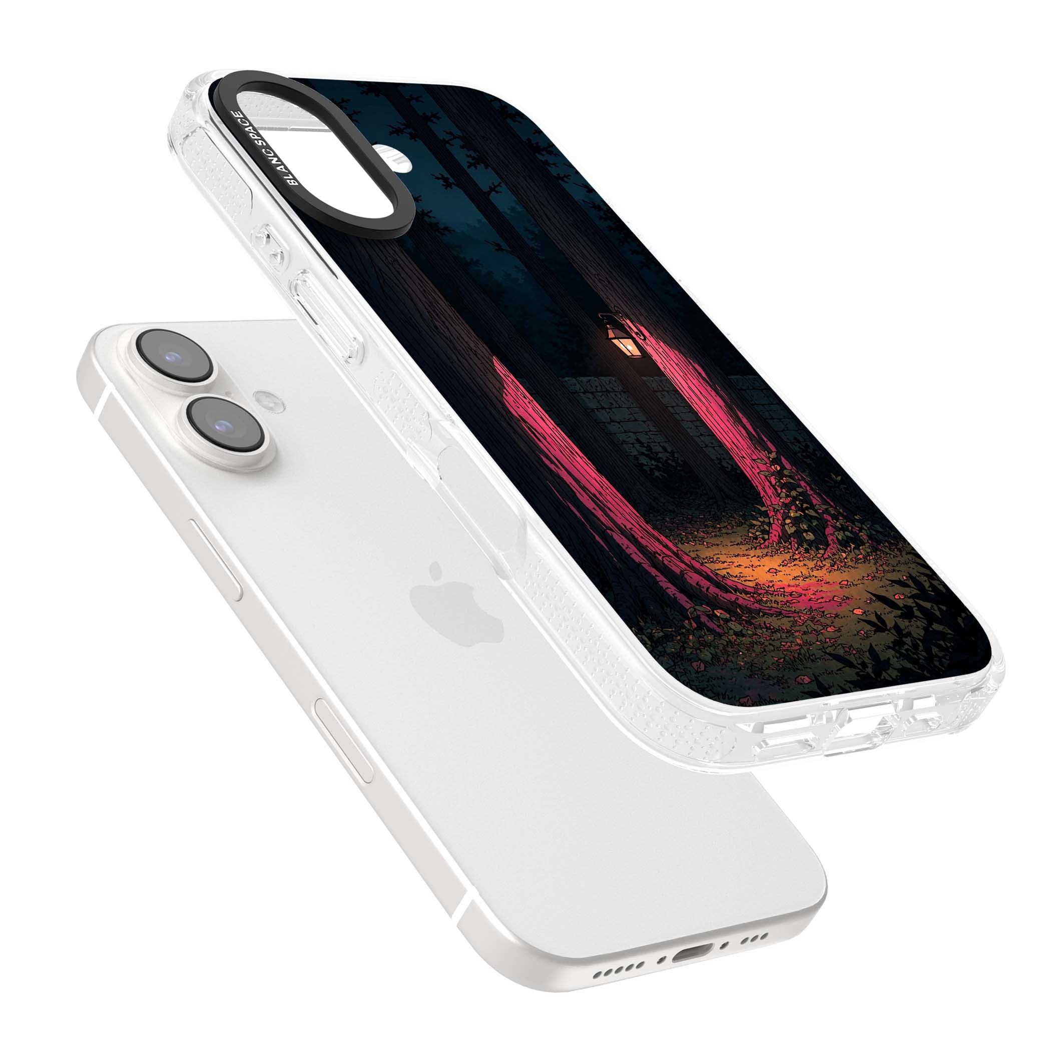 Forest Lantern dark academia iPhone case featuring a moonlit forest, glowing lantern, and stone wall pathway | Clear Case Impact Air case for iPhone 16, iPhone 16 Plus