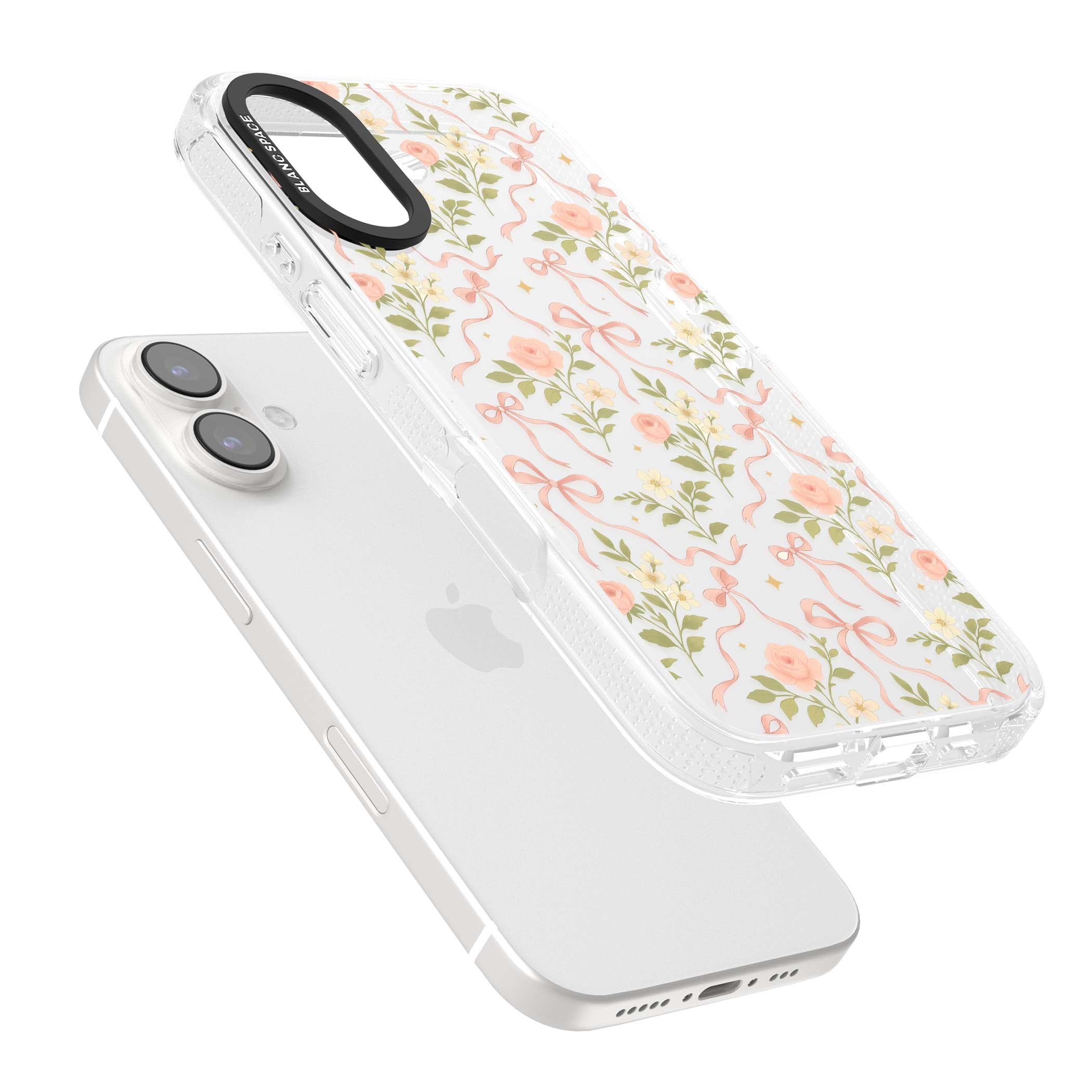 Ribbon Garden coquette iPhone case featuring pink bows, peach roses and wildflowers on white background | Clear Case Impact Air case for iPhone 16, iPhone 16 Plus