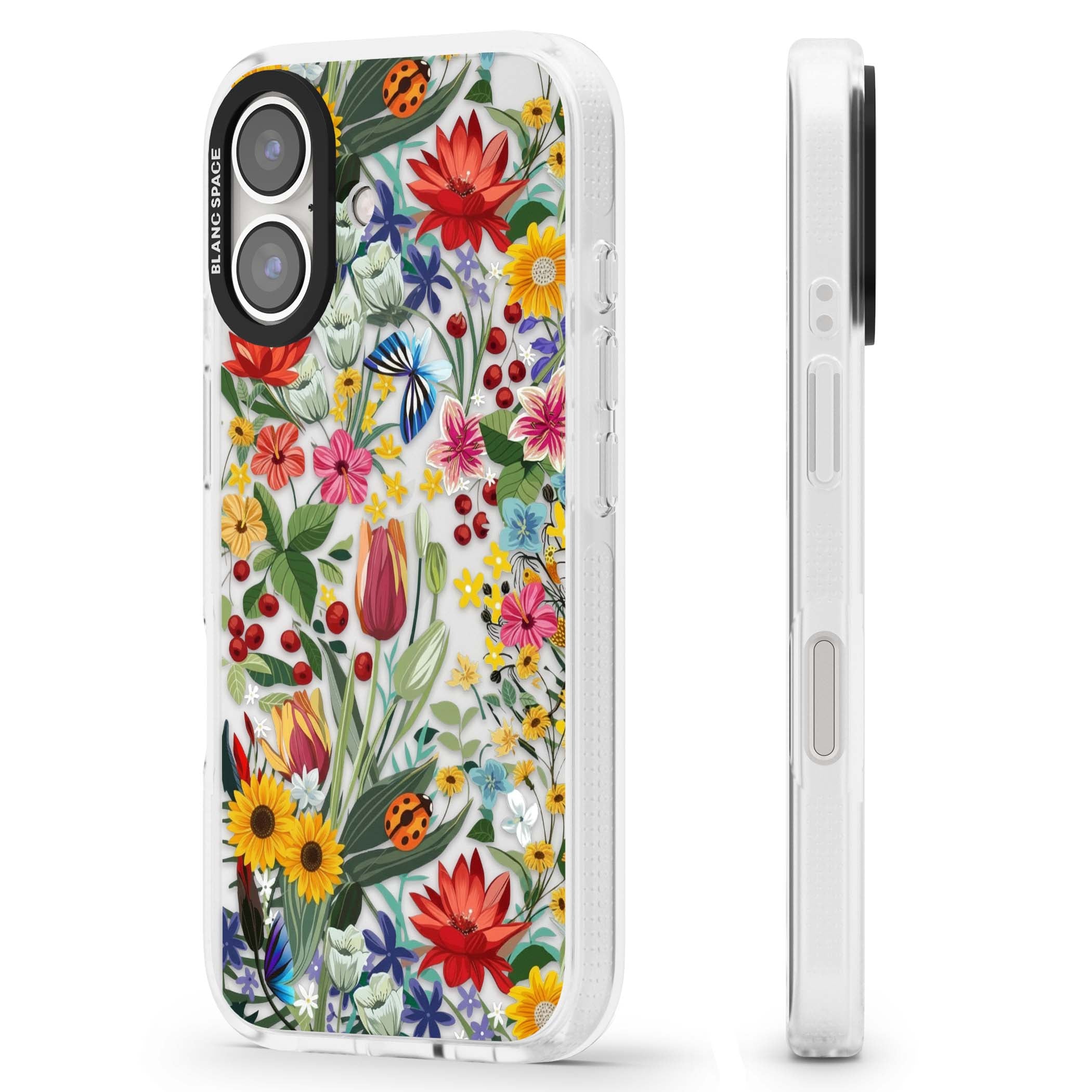 Botanical Bloom cottagecore iPhone case featuring colorful wildflowers, sunflowers, and ladybugs on clear background | Clear Case Impact Air case for iPhone 16, iPhone 16 Plus