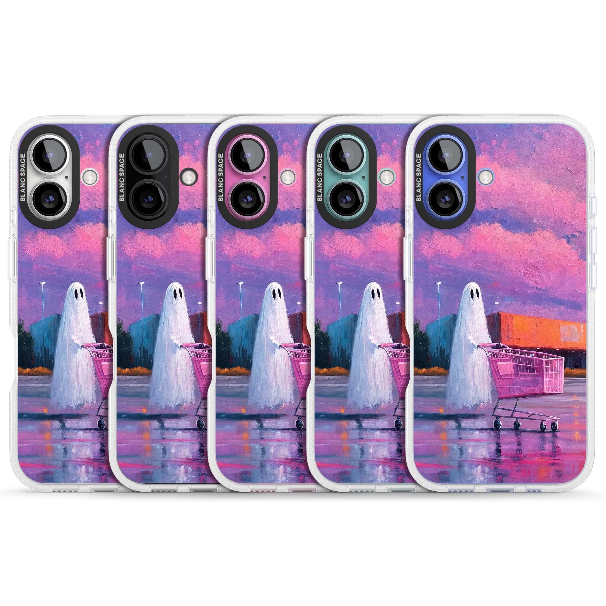 A Ghost's Errand ghost halloween iPhone case featuring a painted ghost, pink shopping trolley and purple sunset sky | Clear Case Impact Air case for iPhone 16, iPhone 16 Plus