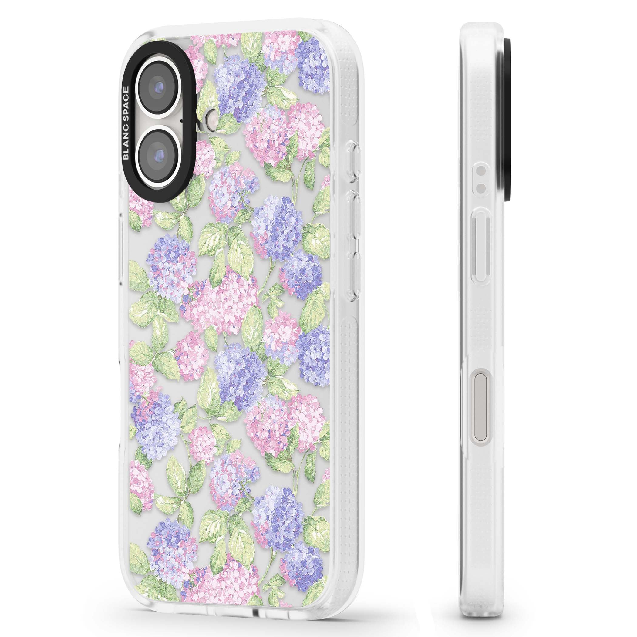 Cottage Hydrangea cottagecore iPhone case featuring pink and purple hydrangea blooms with green leaves on a clear background | Clear Case Impact Air case for iPhone 16, iPhone 16 Plus