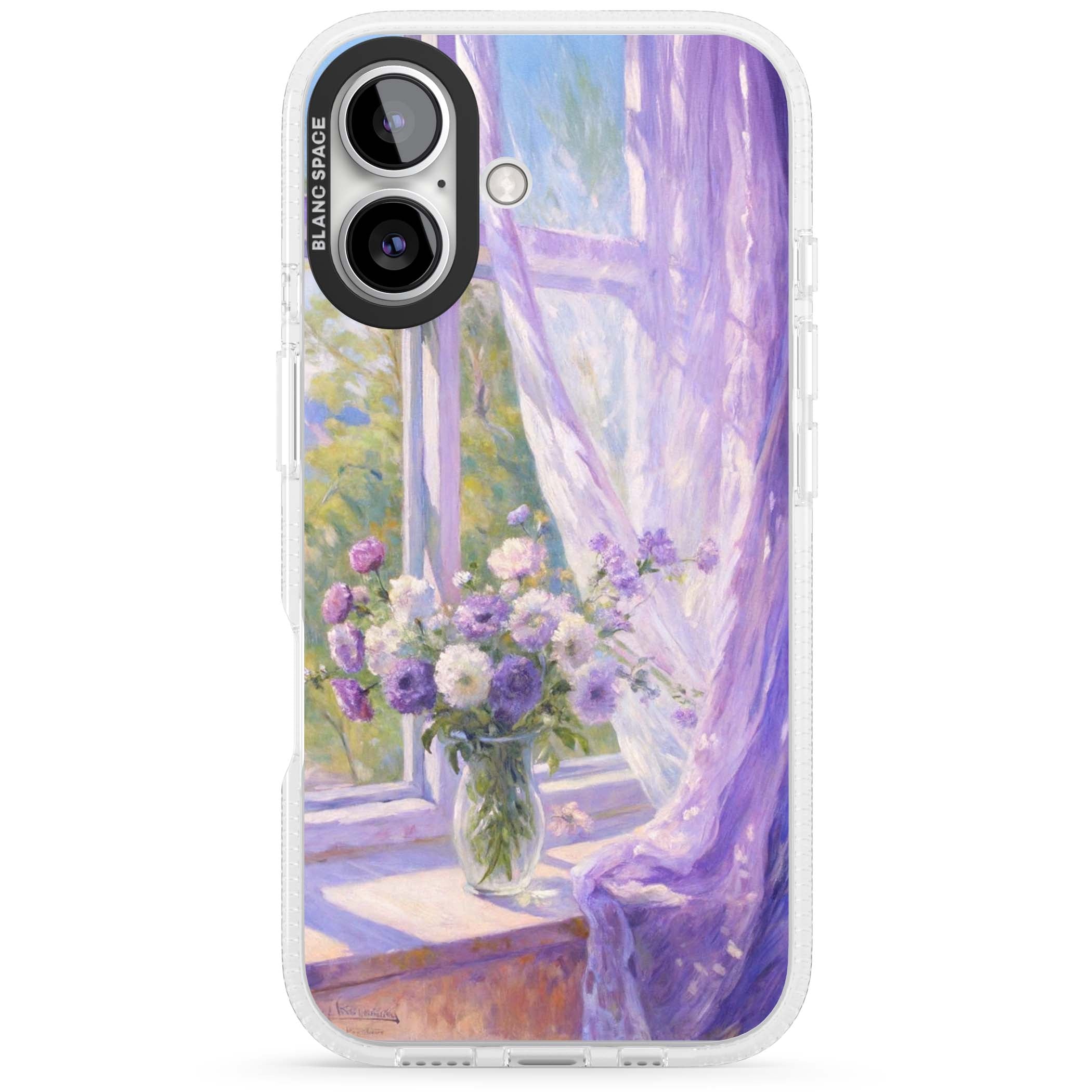 A Provence Morning impressionist art iPhone case featuring a vase of purple flowers, sunlit window and sheer curt | Clear Case Impact Air case for iPhone 16, iPhone 16 Plus