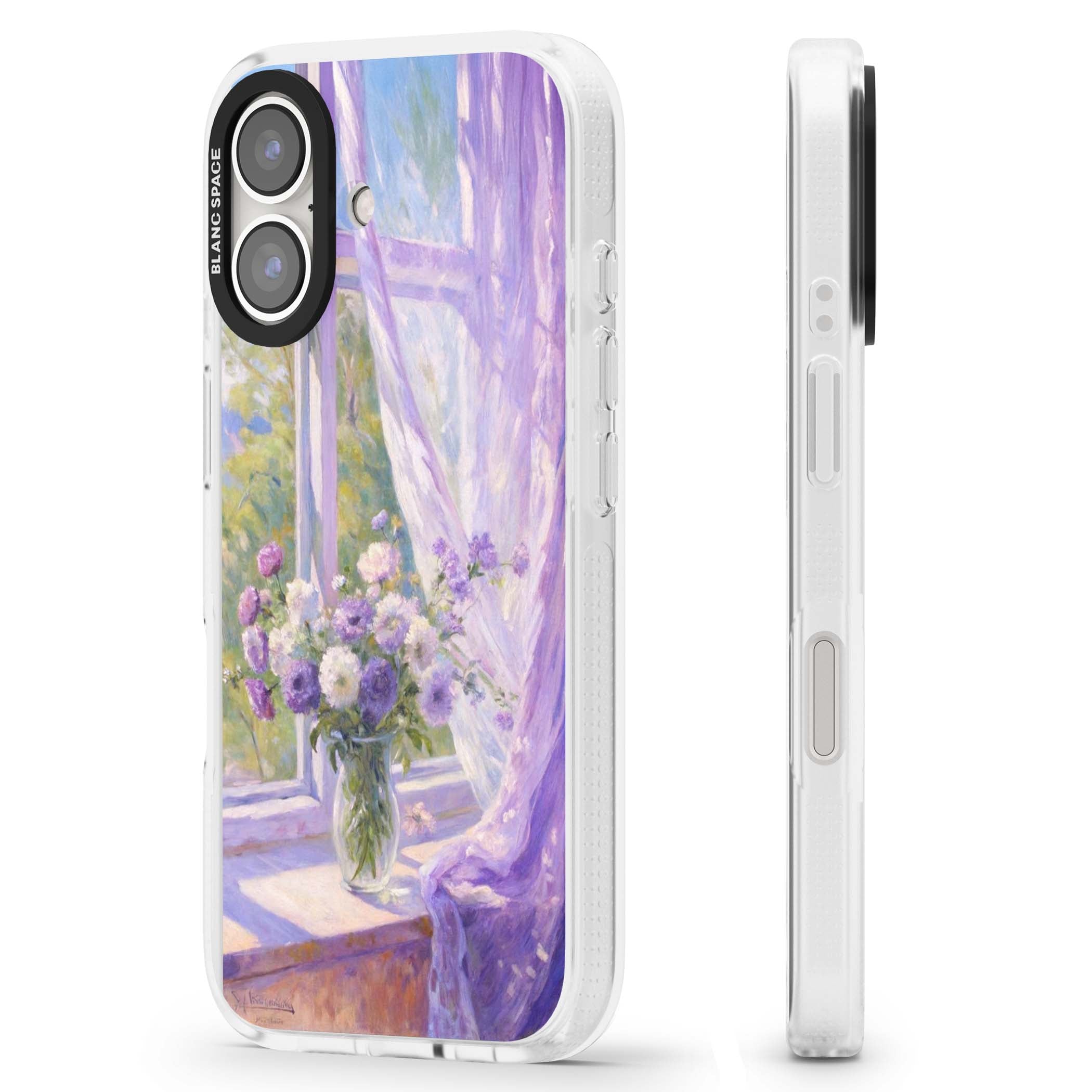 A Provence Morning impressionist art iPhone case featuring a vase of purple flowers, sunlit window and sheer curt | Clear Case Impact Air case for iPhone 16, iPhone 16 Plus