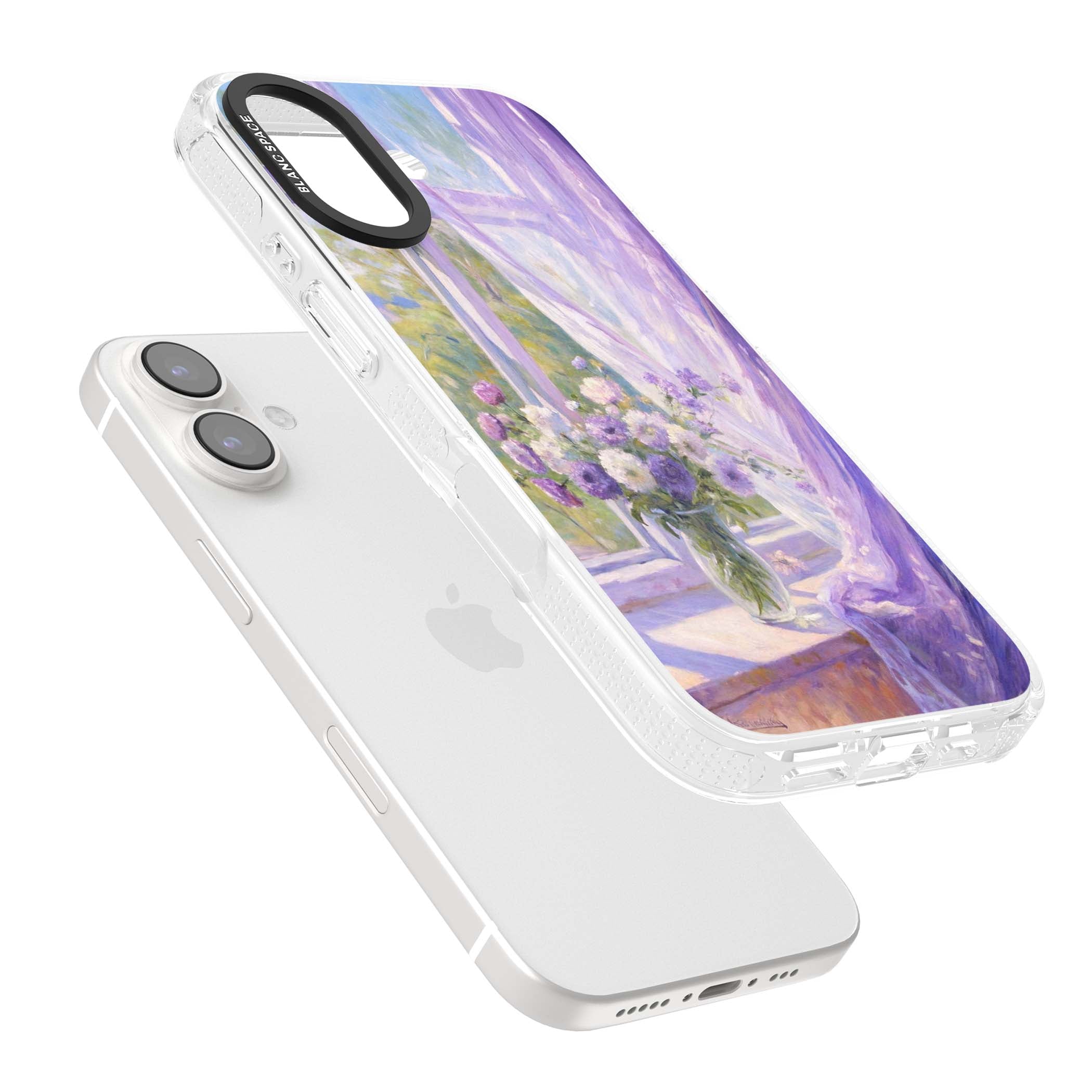A Provence Morning impressionist art iPhone case featuring a vase of purple flowers, sunlit window and sheer curt | Clear Case Impact Air case for iPhone 16, iPhone 16 Plus