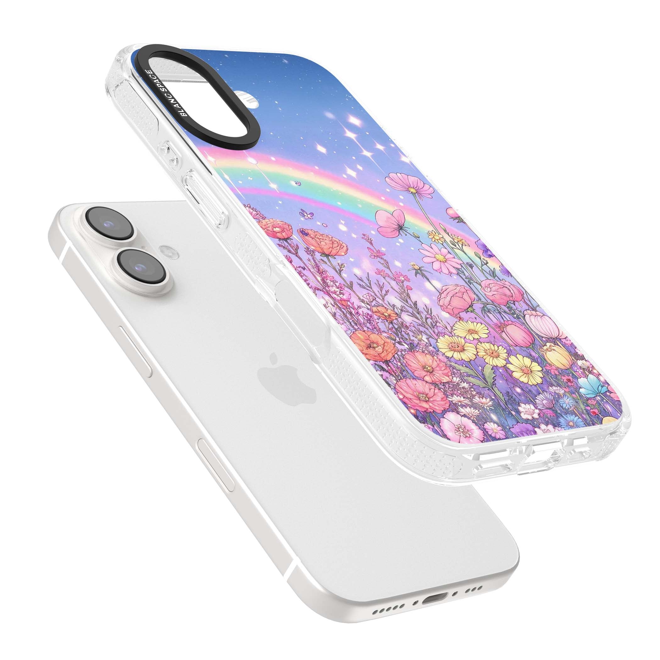 Magical Meadow fairycore iPhone case featuring a pastel rainbow, sparkling stars and a wildflower meadow | Clear Case Impact Air case for iPhone 16, iPhone 16 Plus