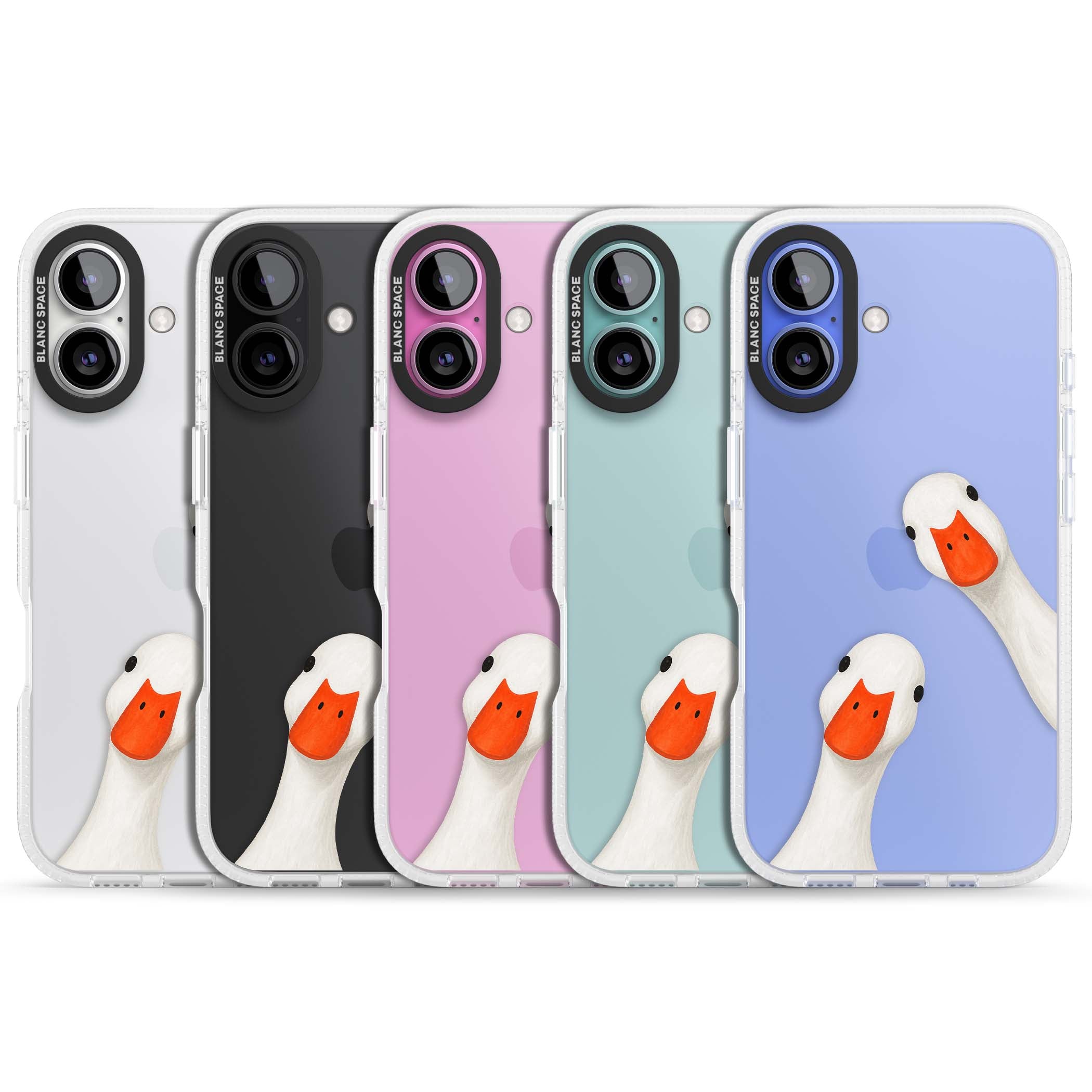 Nosy Ducks cottagecore iPhone case featuring two peeking white ducks with orange beaks on a clear background | Clear Case Impact Air case for iPhone 16, iPhone 16 Plus