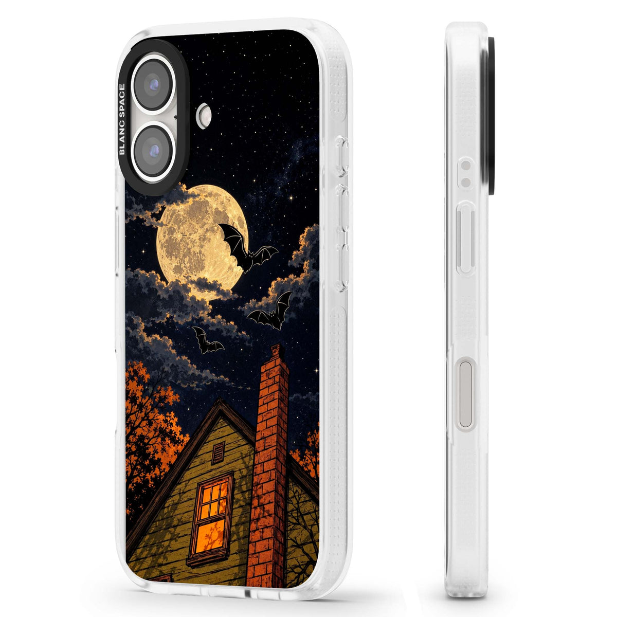 Hollows Eve Halloween iPhone case featuring a haunted house, full moon and flying bats against a starry autumn sky | Clear Case Impact Air case for iPhone 16, iPhone 16 Plus