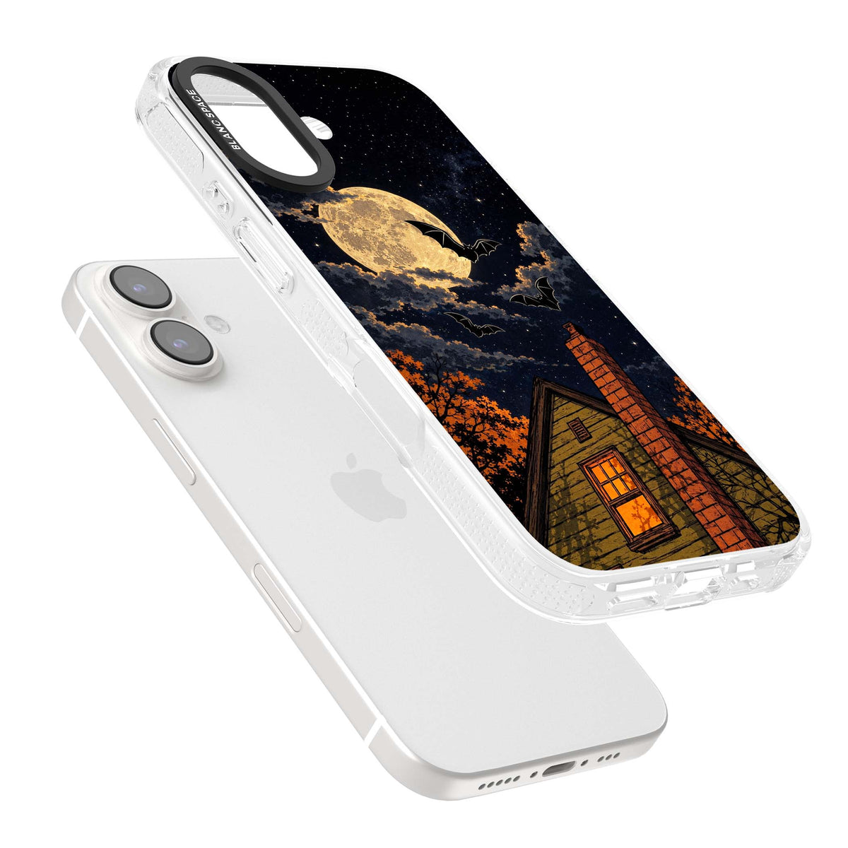 Hollows Eve Halloween iPhone case featuring a haunted house, full moon and flying bats against a starry autumn sky | Clear Case Impact Air case for iPhone 16, iPhone 16 Plus