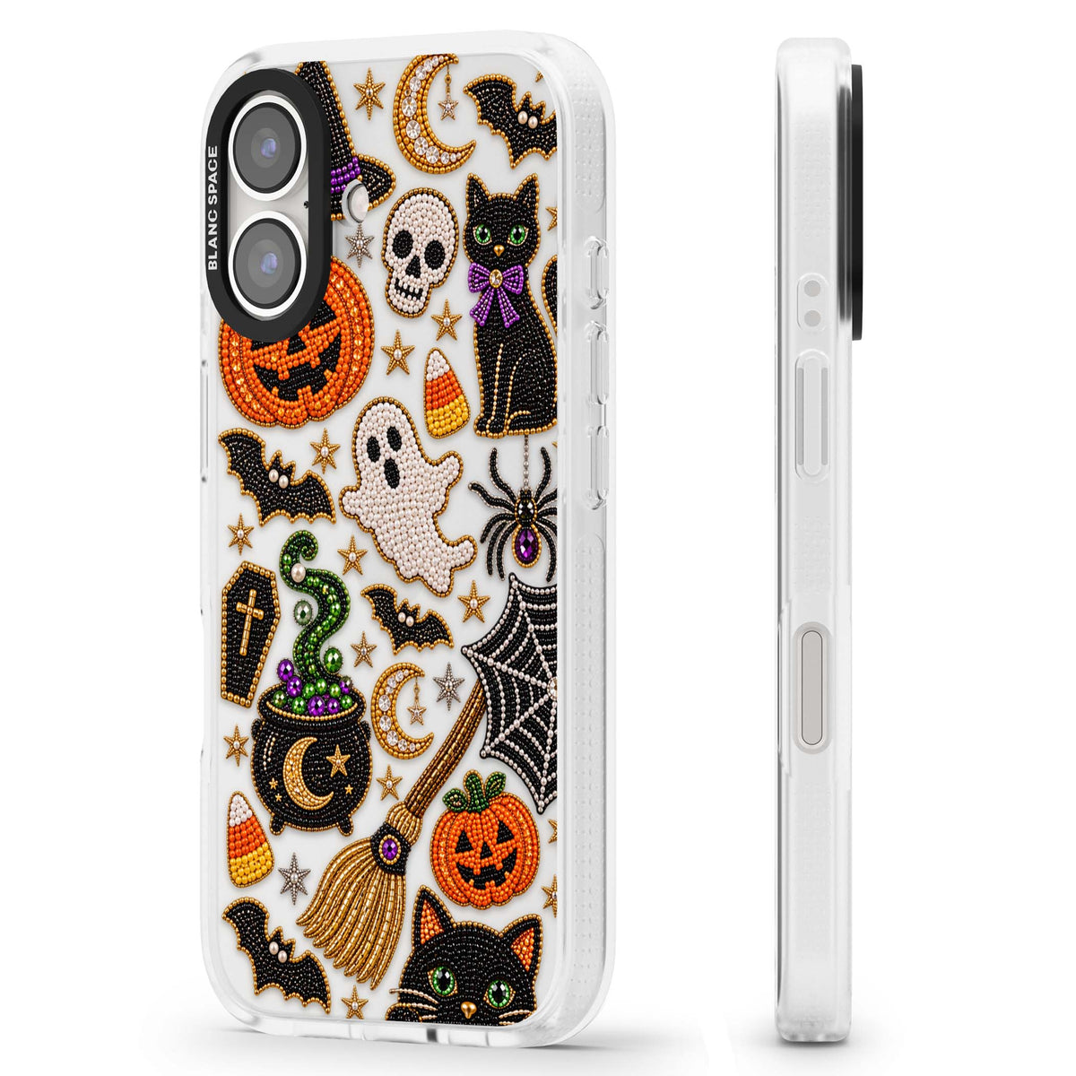 Beaded Halloween Halloween iPhone case featuring beaded pumpkins, ghosts, black cats and bats | Clear Case Impact Air case for iPhone 16, iPhone 16 Plus