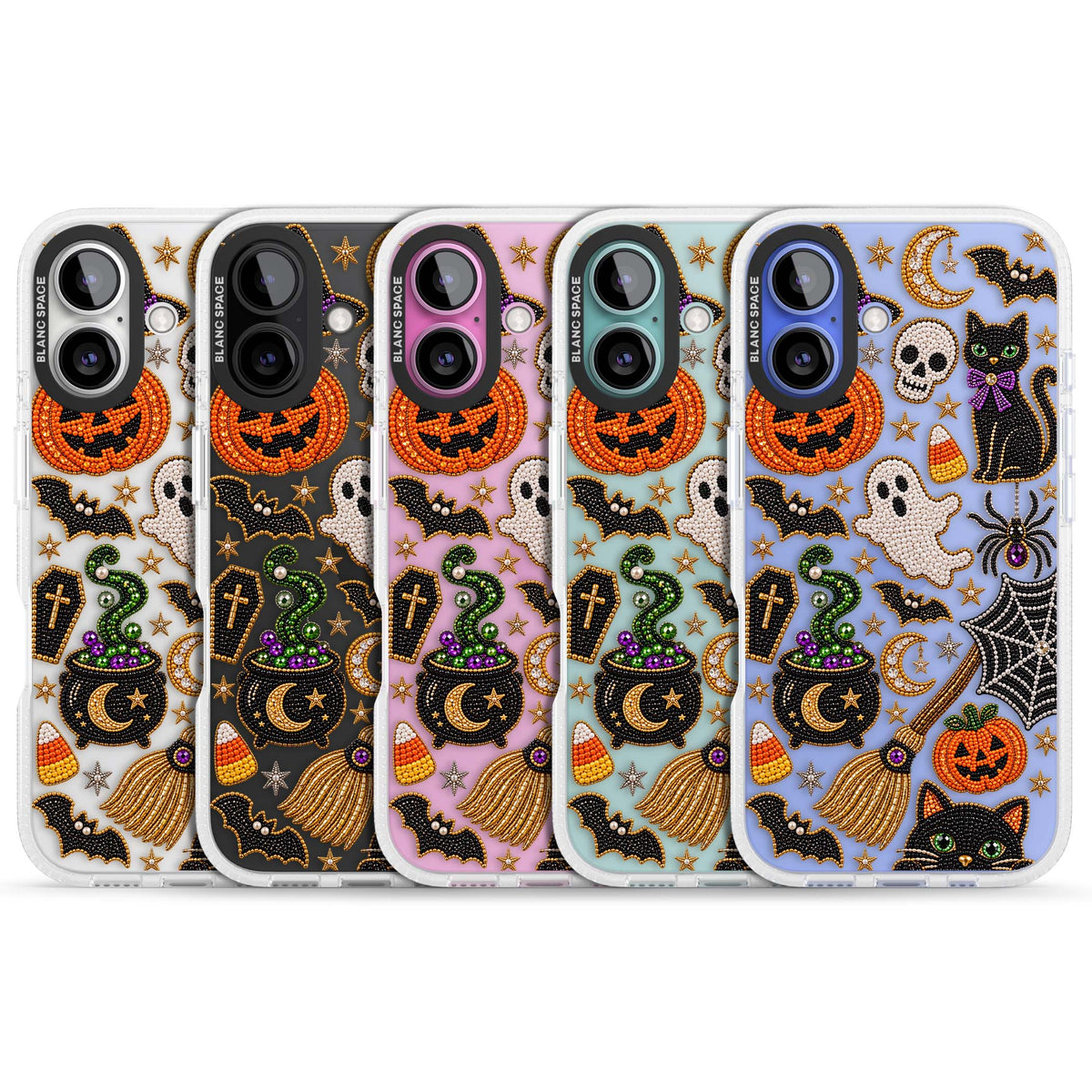 Beaded Halloween Halloween iPhone case featuring beaded pumpkins, ghosts, black cats and bats | Clear Case Impact Air case for iPhone 16, iPhone 16 Plus
