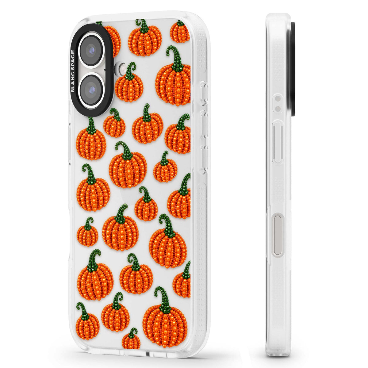 Beaded Pumpkins halloween iPhone case featuring beaded orange pumpkins with green stems on a clear background | Clear Case Impact Air case for iPhone 16, iPhone 16 Plus