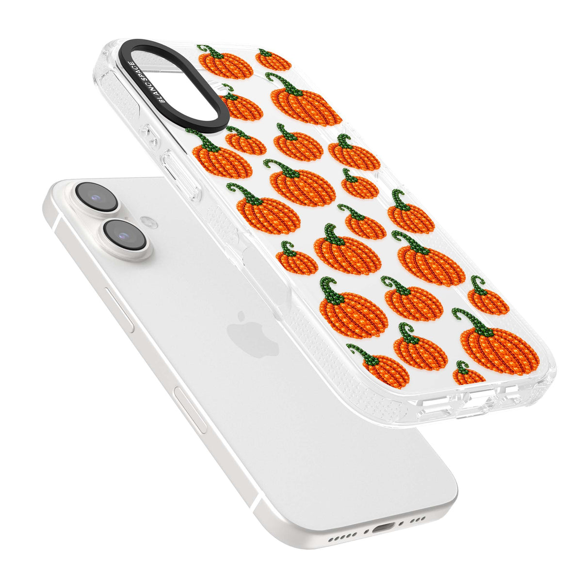 Beaded Pumpkins halloween iPhone case featuring beaded orange pumpkins with green stems on a clear background | Clear Case Impact Air case for iPhone 16, iPhone 16 Plus