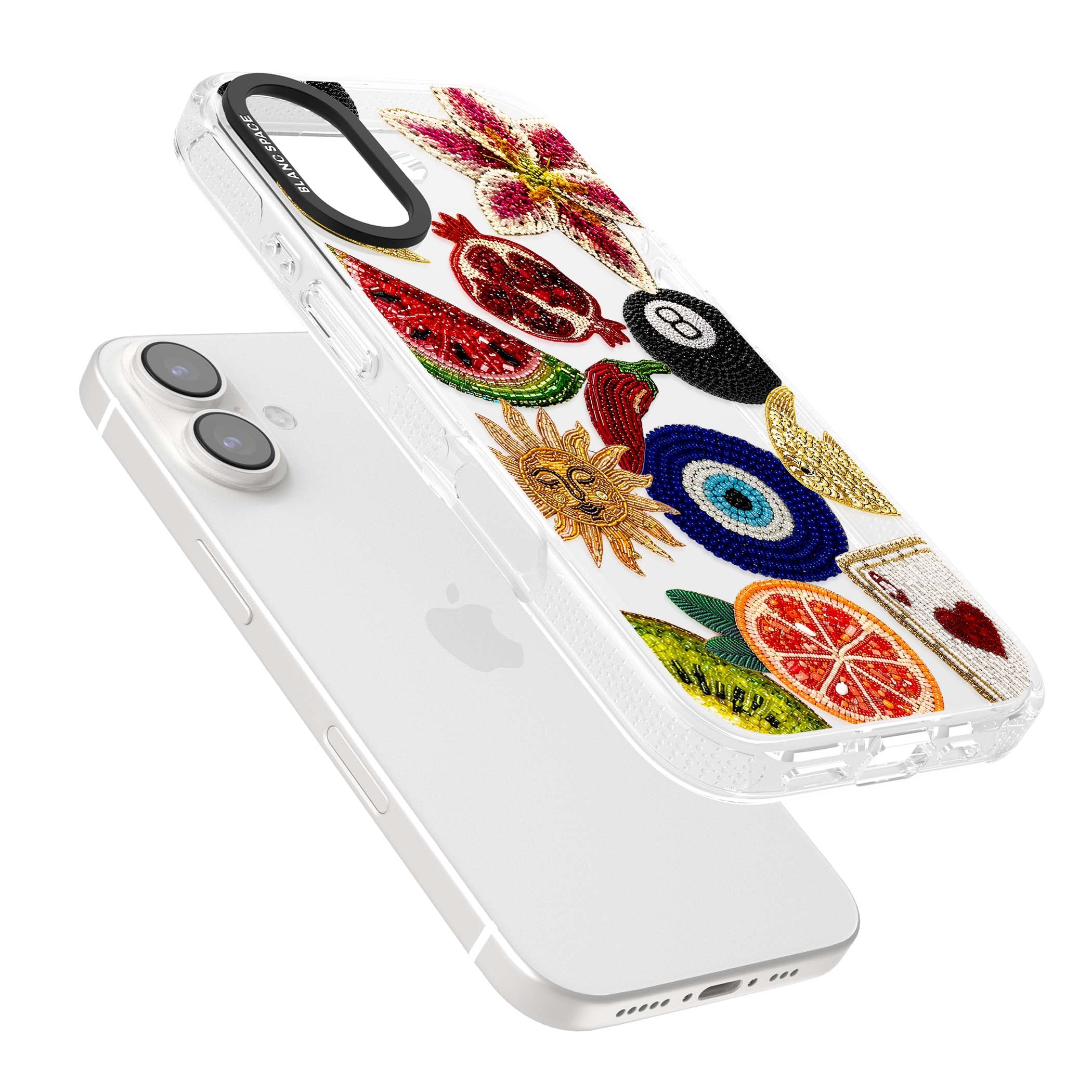 Beaded Charms embroidery iPhone case featuring beaded evil eye, fruit patches and a golden sun motif | Clear Case Impact Air case for iPhone 16, iPhone 16 Plus