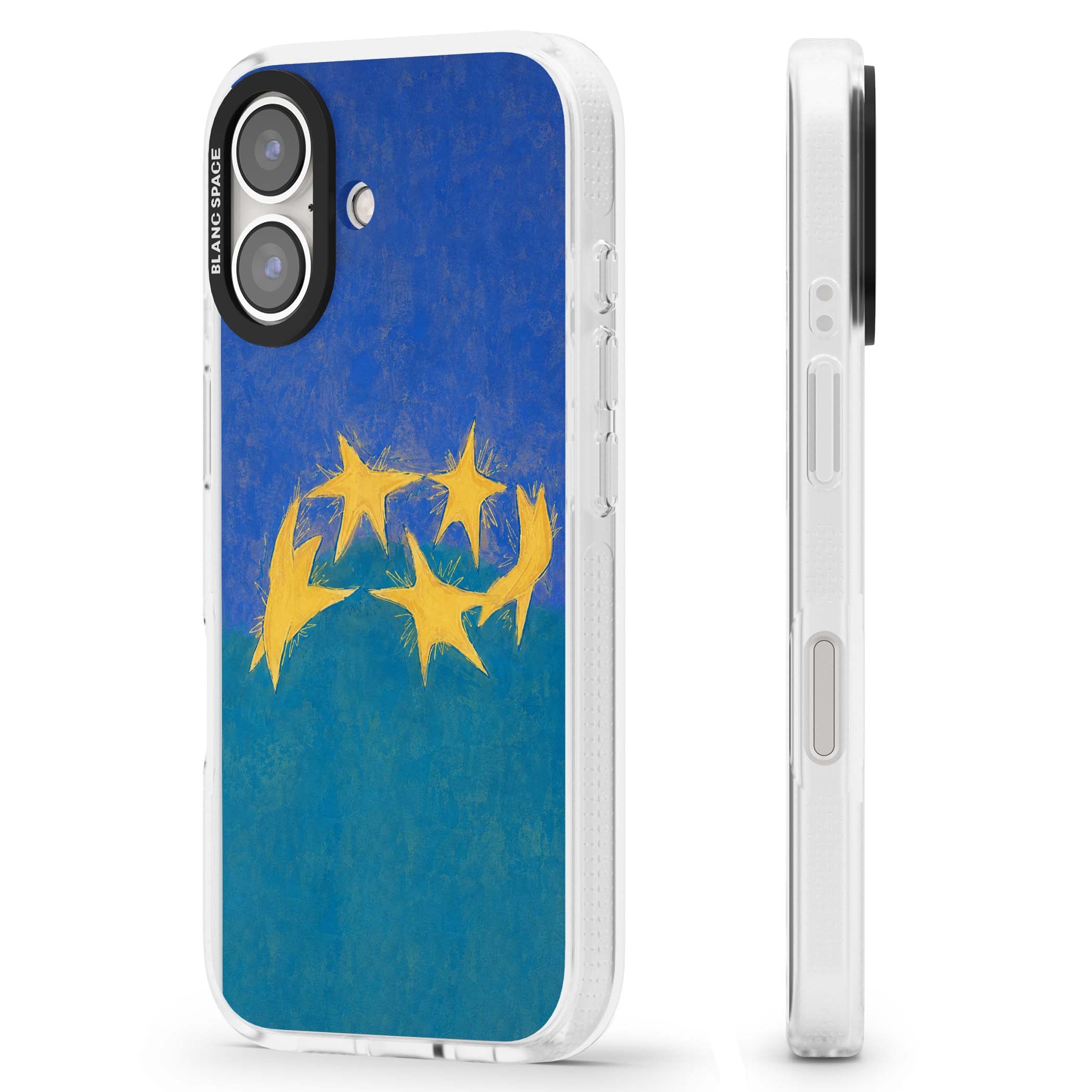 Star Boogie stars aesthetic iPhone case featuring five yellow hand-painted stars on cobalt blue and teal | Clear Case Impact Air case for iPhone 16, iPhone 16 Plus
