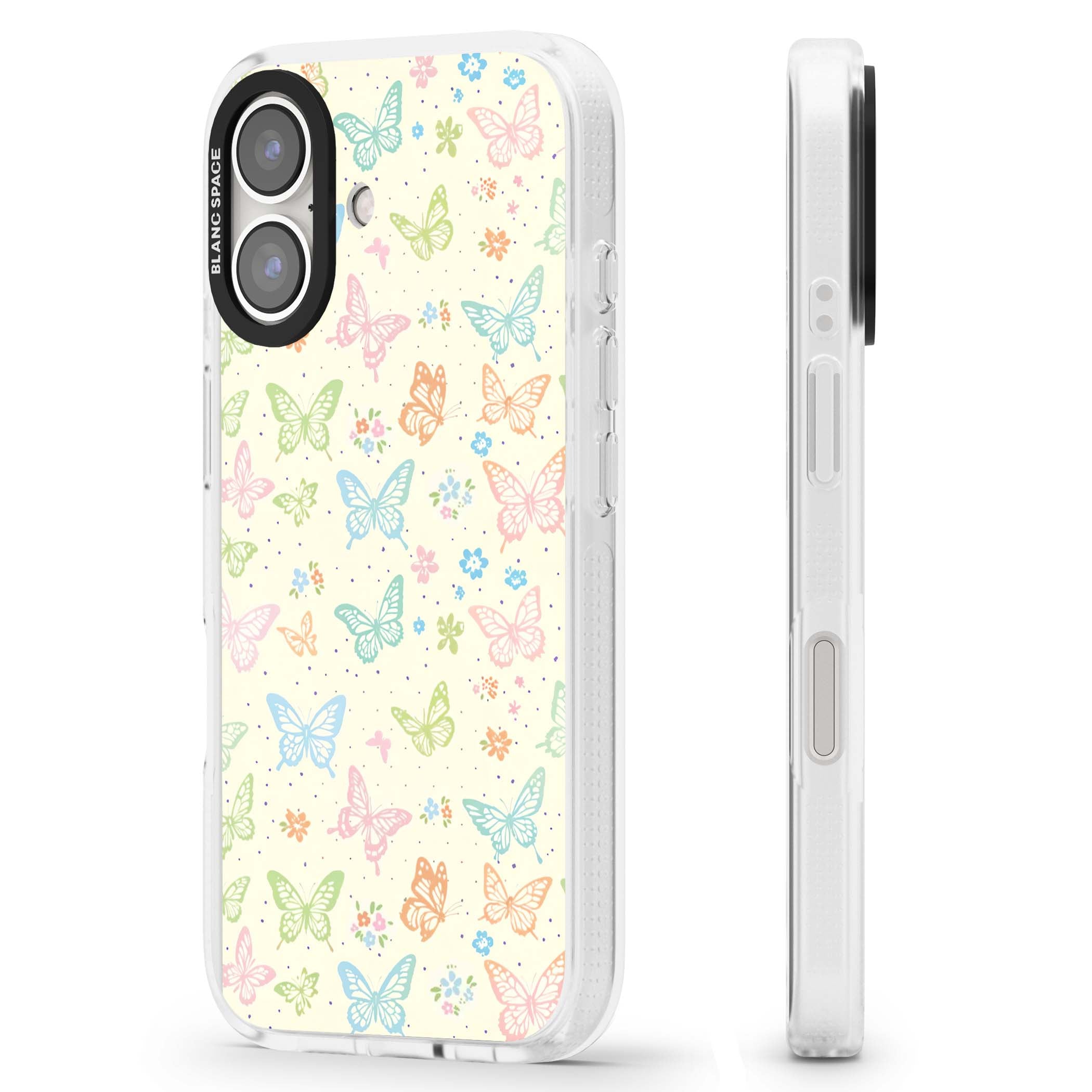Sugar Wings cottagecore iPhone case featuring rainbow pastel butterflies, tiny wildflowers, and a cream background | Clear Case Impact Air case for iPhone 16, iPhone 16 Plus