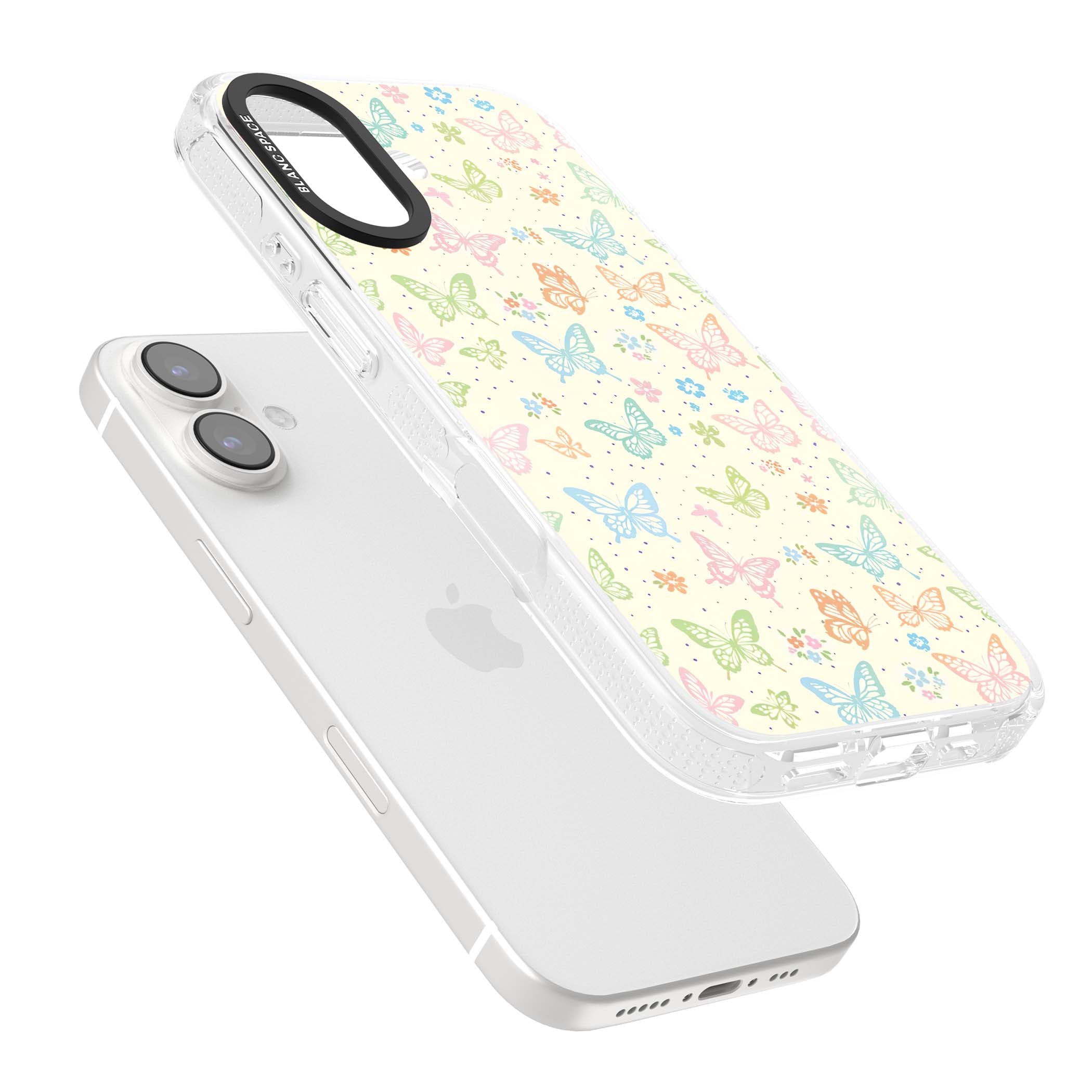 Sugar Wings cottagecore iPhone case featuring rainbow pastel butterflies, tiny wildflowers, and a cream background | Clear Case Impact Air case for iPhone 16, iPhone 16 Plus