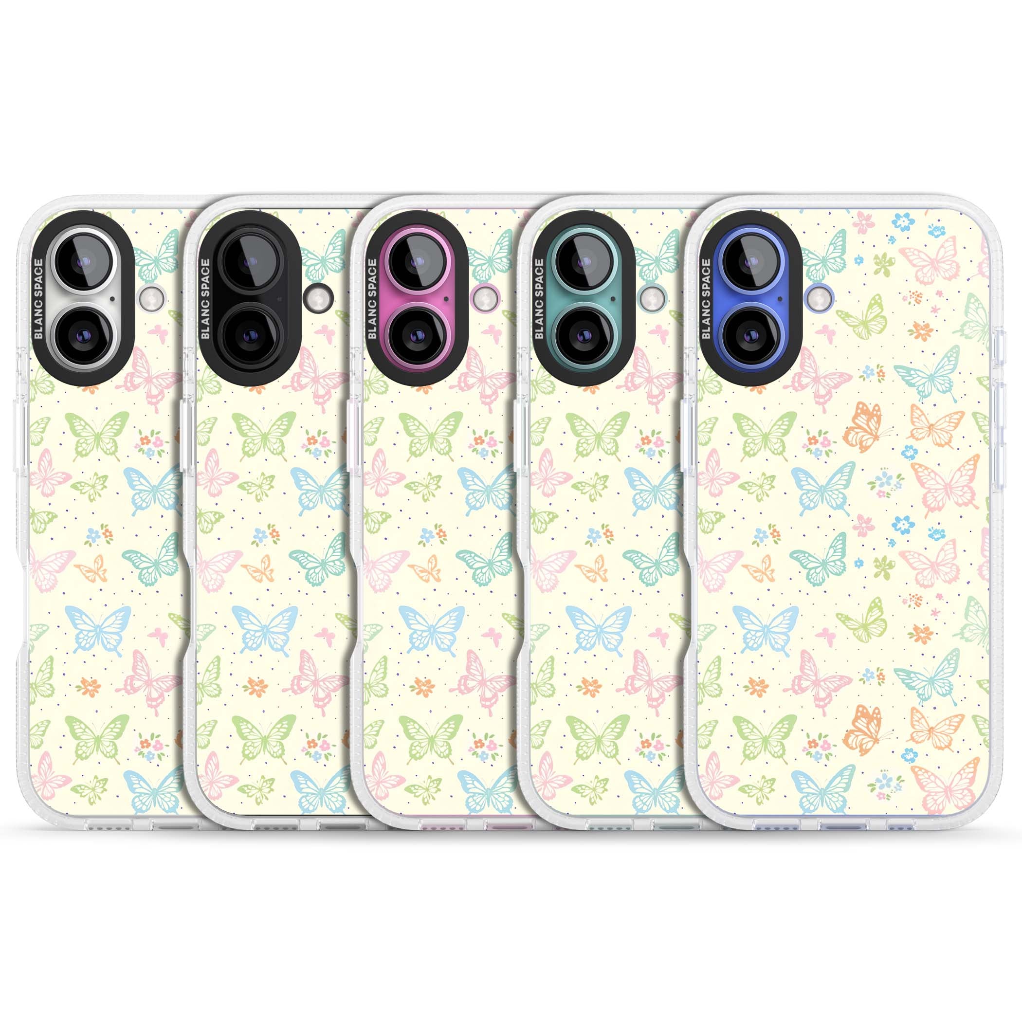 Sugar Wings cottagecore iPhone case featuring rainbow pastel butterflies, tiny wildflowers, and a cream background | Clear Case Impact Air case for iPhone 16, iPhone 16 Plus