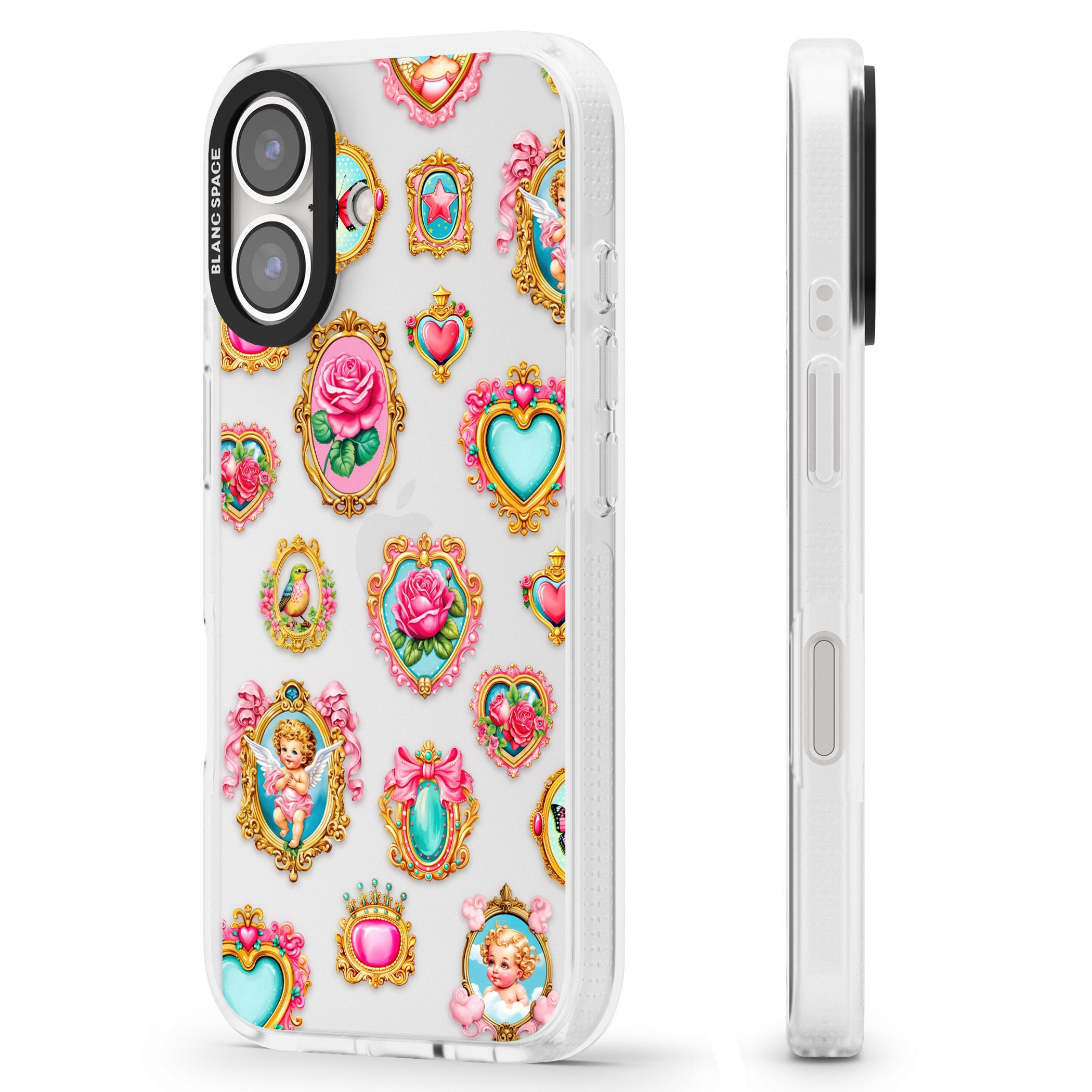 Angelcore Hearts & Frames iPhone 16 / 16 Plus Clear Case Impact Air - Blanc Space