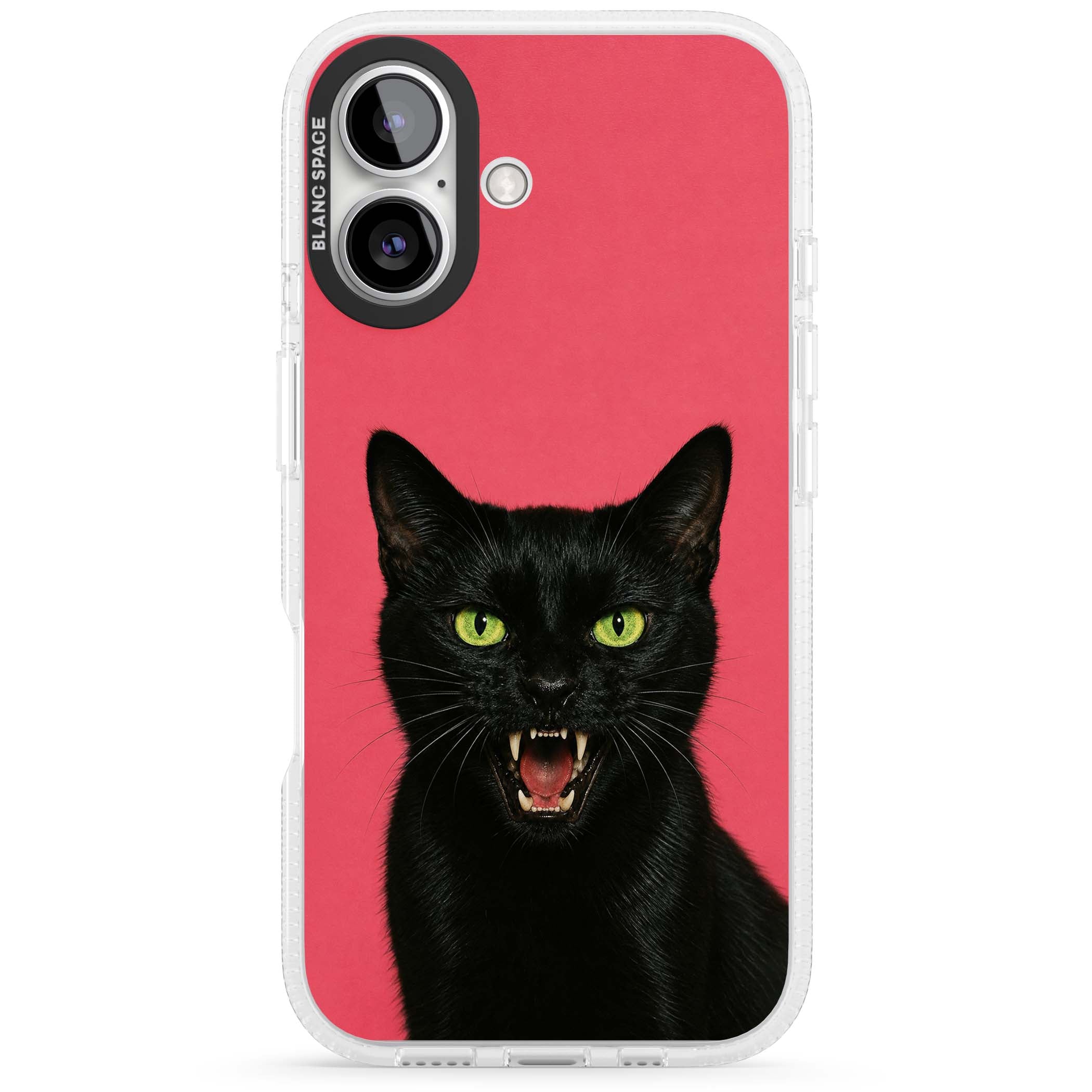 Hissin' Baddie black cat iPhone case featuring a hissing feline with green eyes on a hot pink background | Clear Case Impact Air case for iPhone 16, iPhone 16 Plus