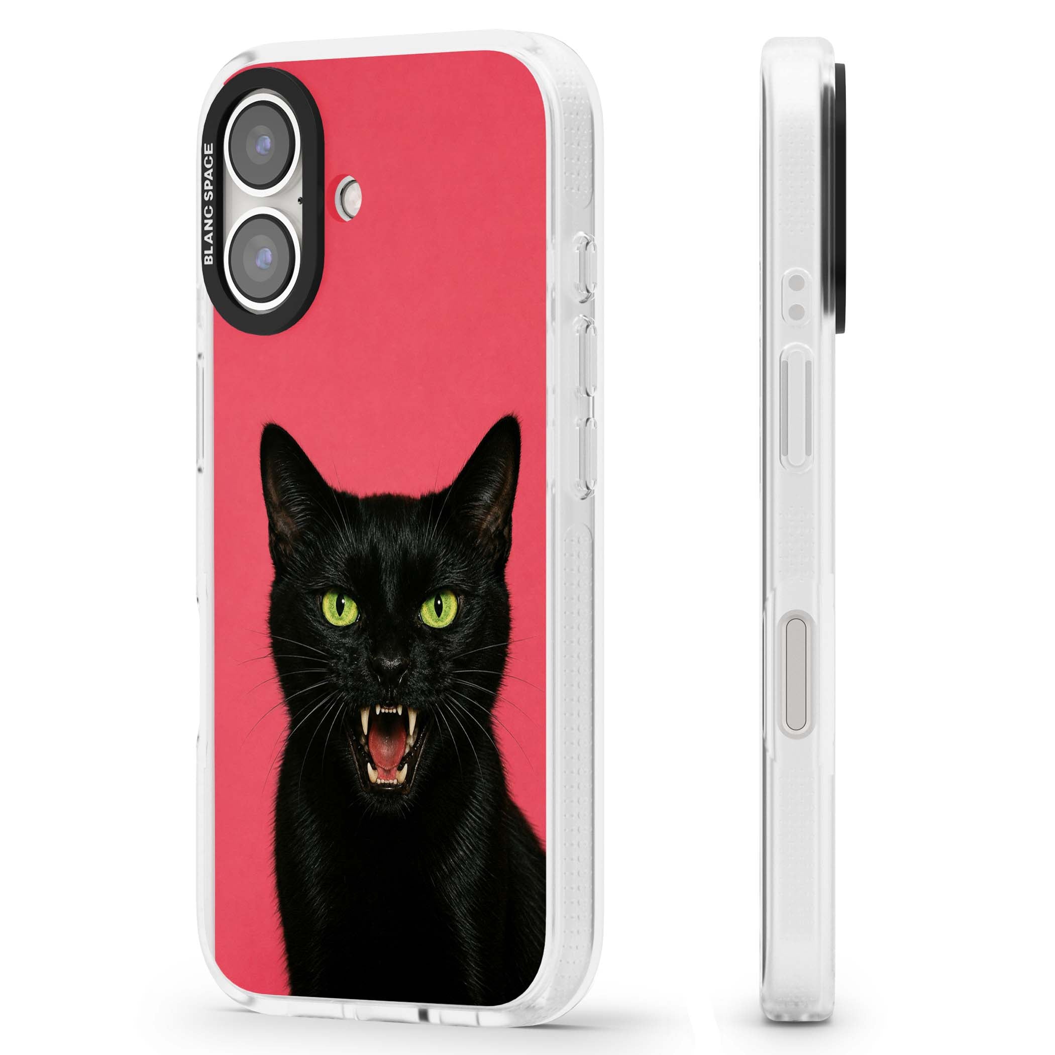 Hissin' Baddie black cat iPhone case featuring a hissing feline with green eyes on a hot pink background | Clear Case Impact Air case for iPhone 16, iPhone 16 Plus