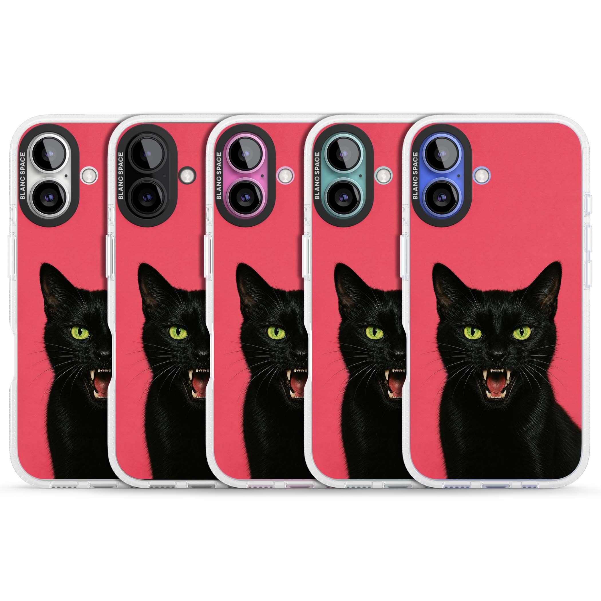 Hissin' Baddie black cat iPhone case featuring a hissing feline with green eyes on a hot pink background | Clear Case Impact Air case for iPhone 16, iPhone 16 Plus