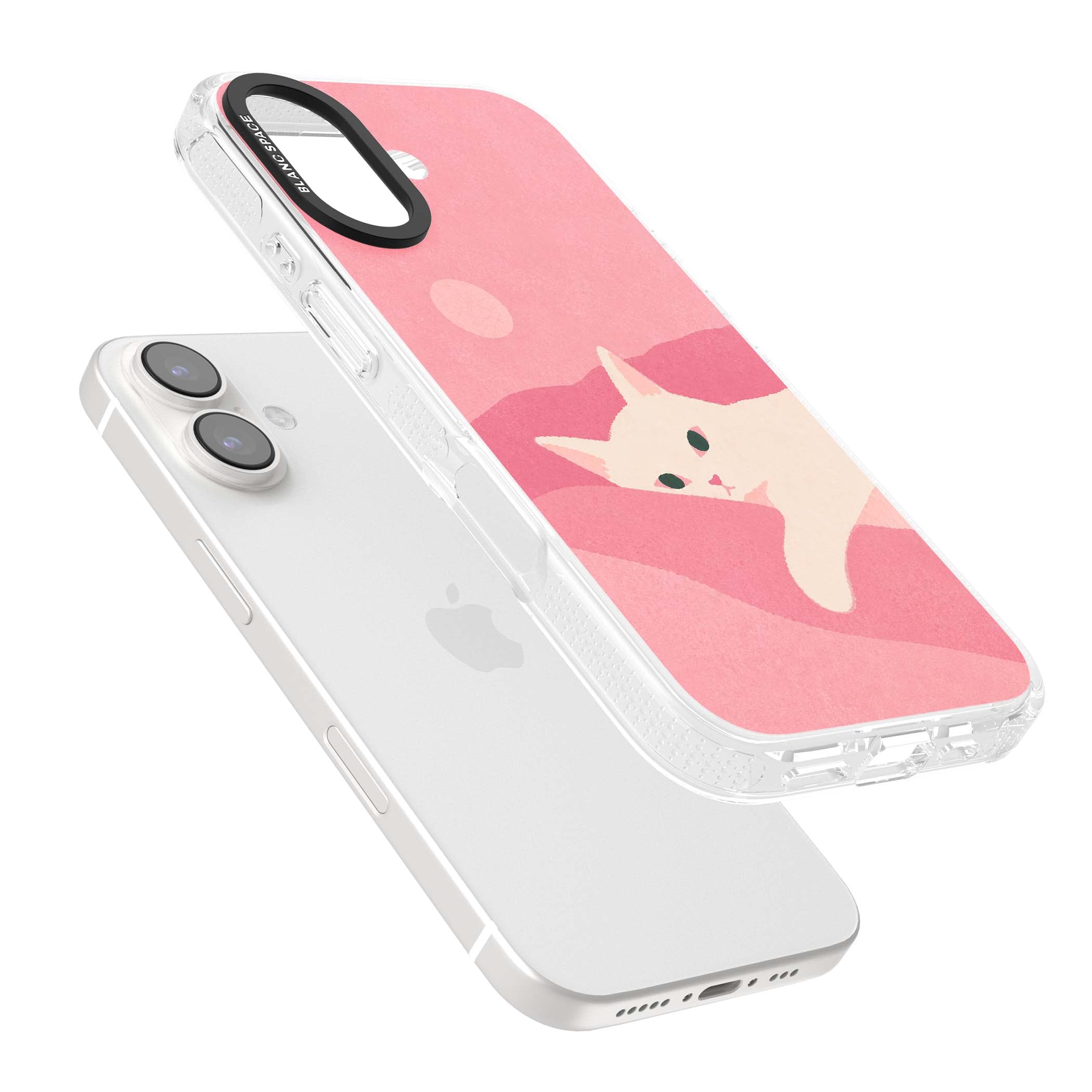 Pink Dreams cute cat iPhone case featuring a white kitten, soft pink hills and a pale pastel sun | Clear Case Impact Air case for iPhone 16, iPhone 16 Plus