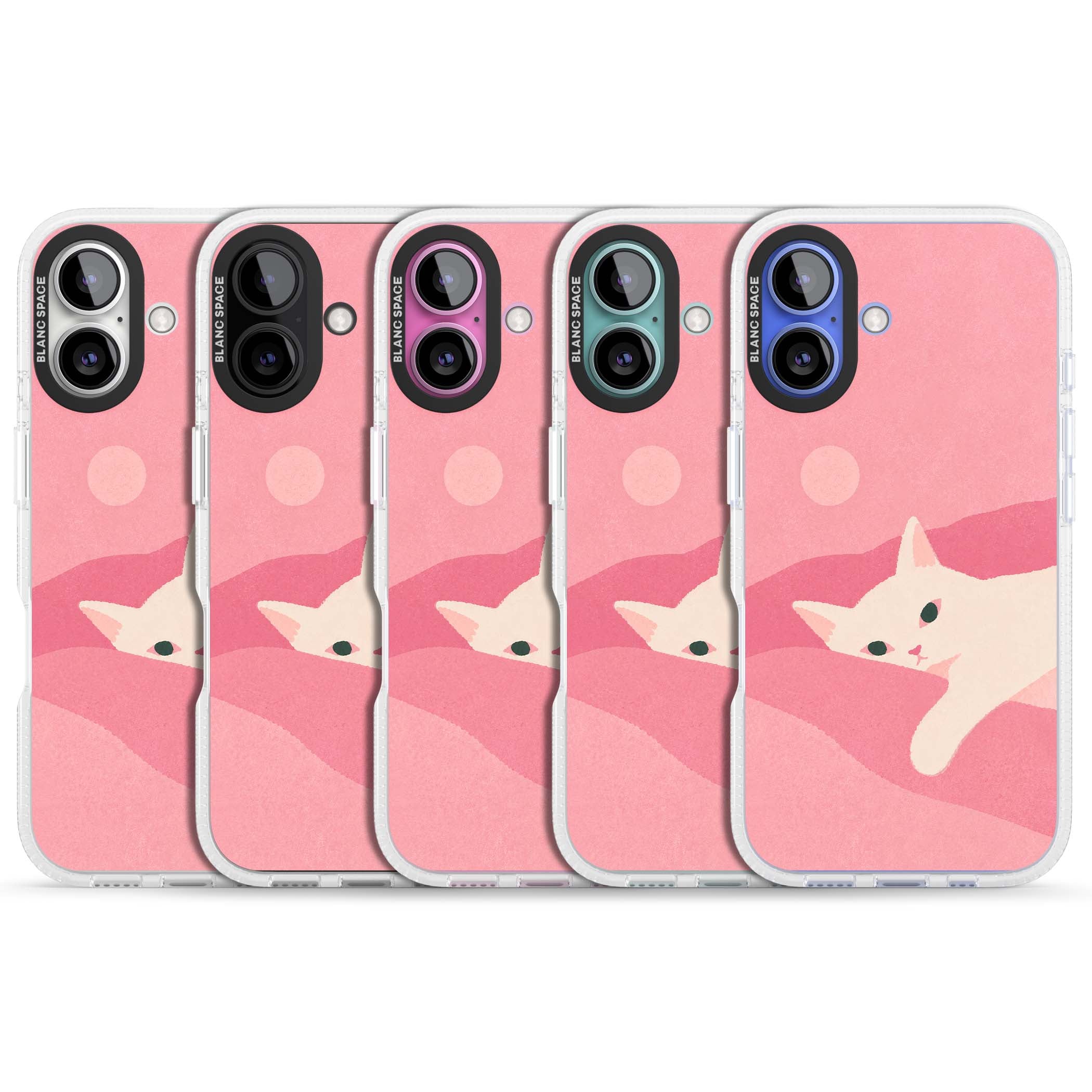 Pink Dreams cute cat iPhone case featuring a white kitten, soft pink hills and a pale pastel sun | Clear Case Impact Air case for iPhone 16, iPhone 16 Plus