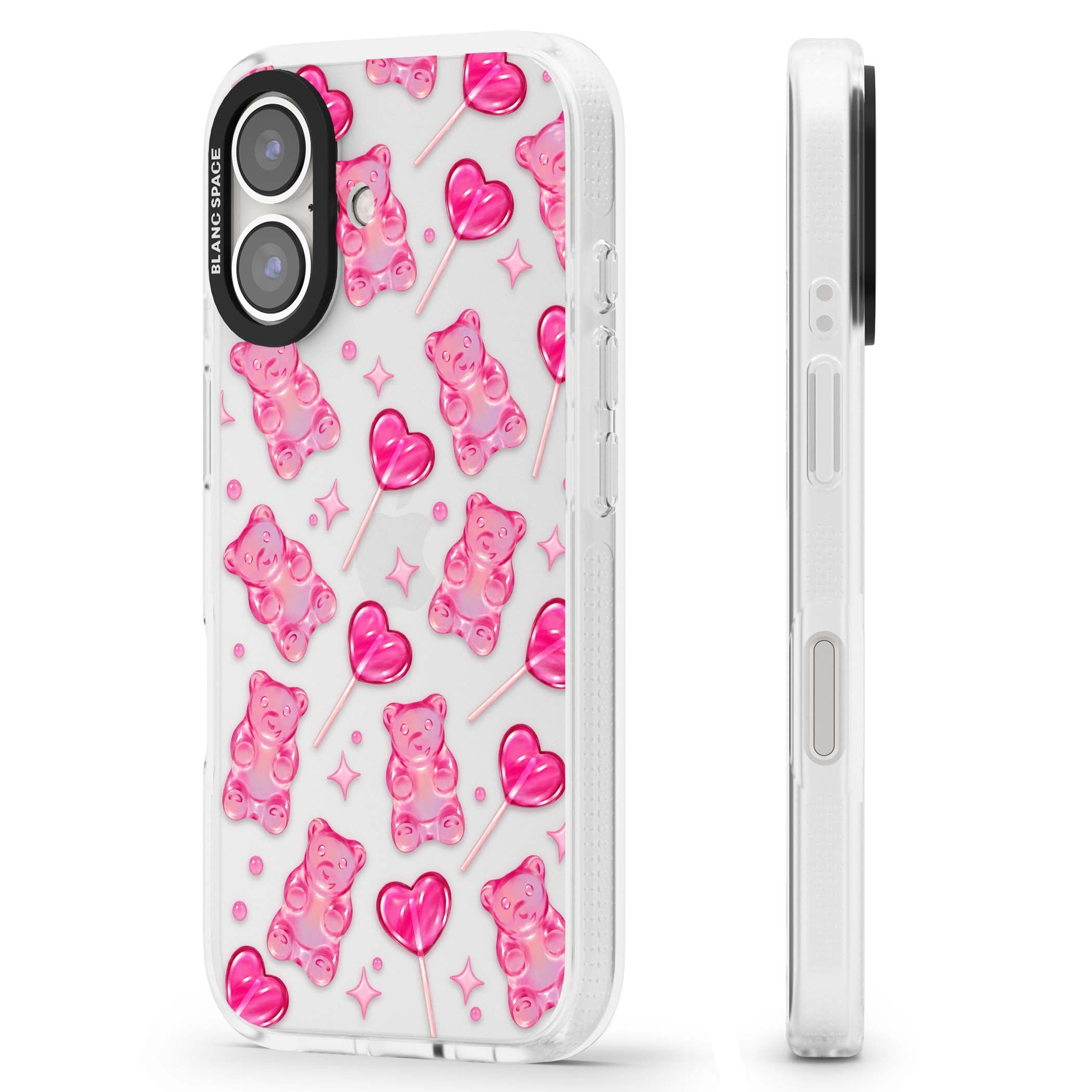 Pink Sugar pinkcore iPhone case featuring pink gummy bears, heart-shaped lollipops and sparkle stars | Clear Case Impact Air case for iPhone 16, iPhone 16 Plus