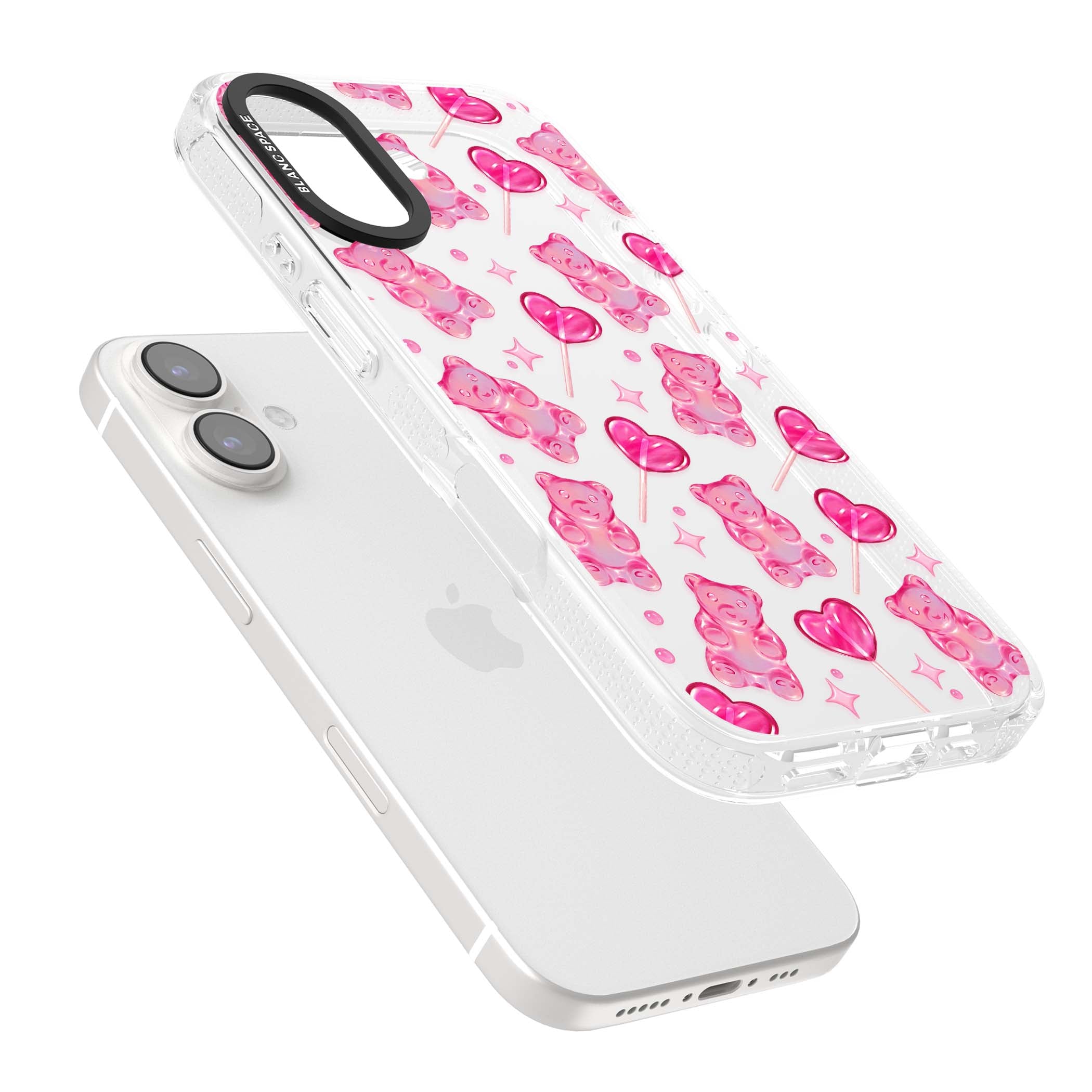 Pink Sugar pinkcore iPhone case featuring pink gummy bears, heart-shaped lollipops and sparkle stars | Clear Case Impact Air case for iPhone 16, iPhone 16 Plus