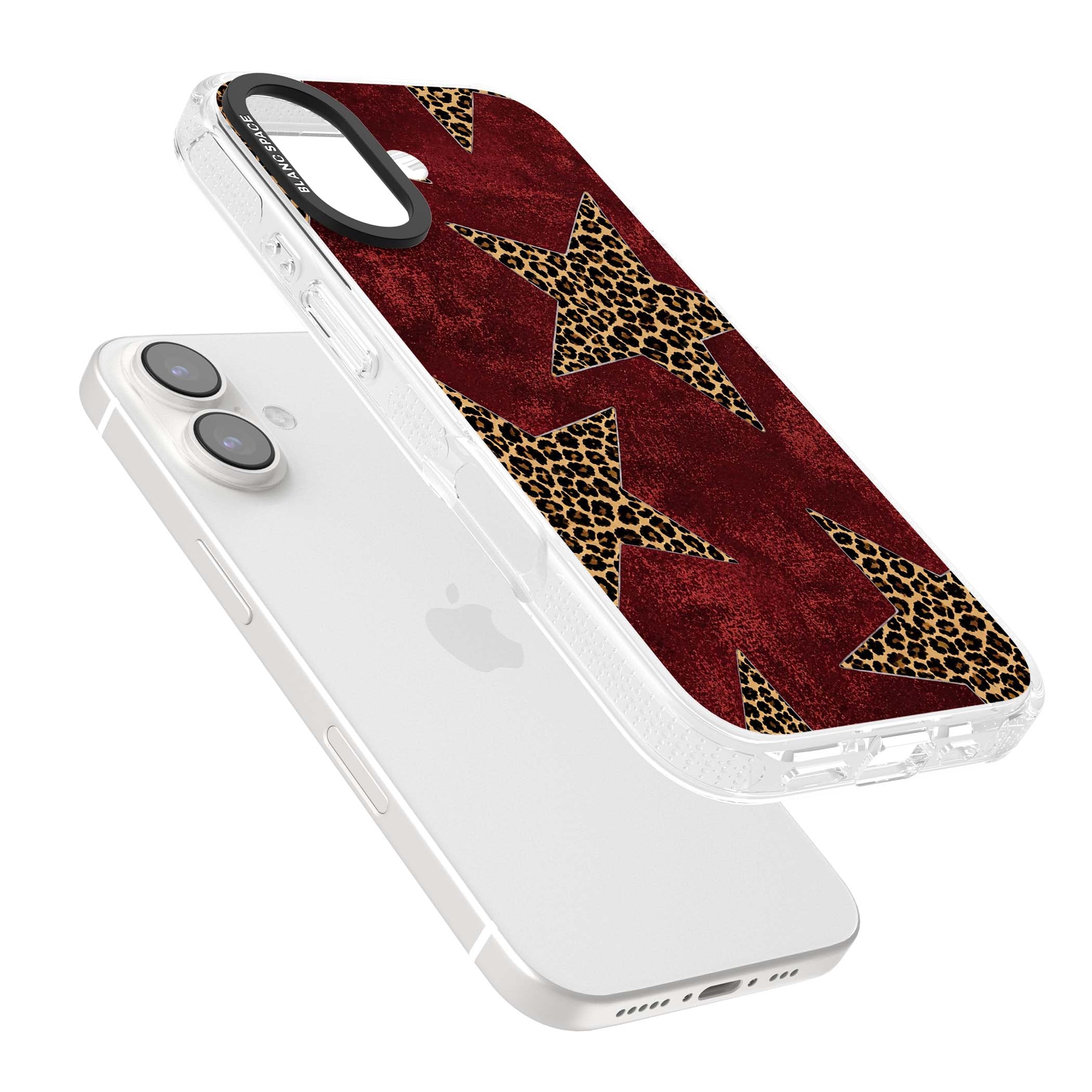 Showgirl leopard print iPhone case featuring cheetah print stars on distressed red grunge background | Clear Case Impact Air case for iPhone 16, iPhone 16 Plus